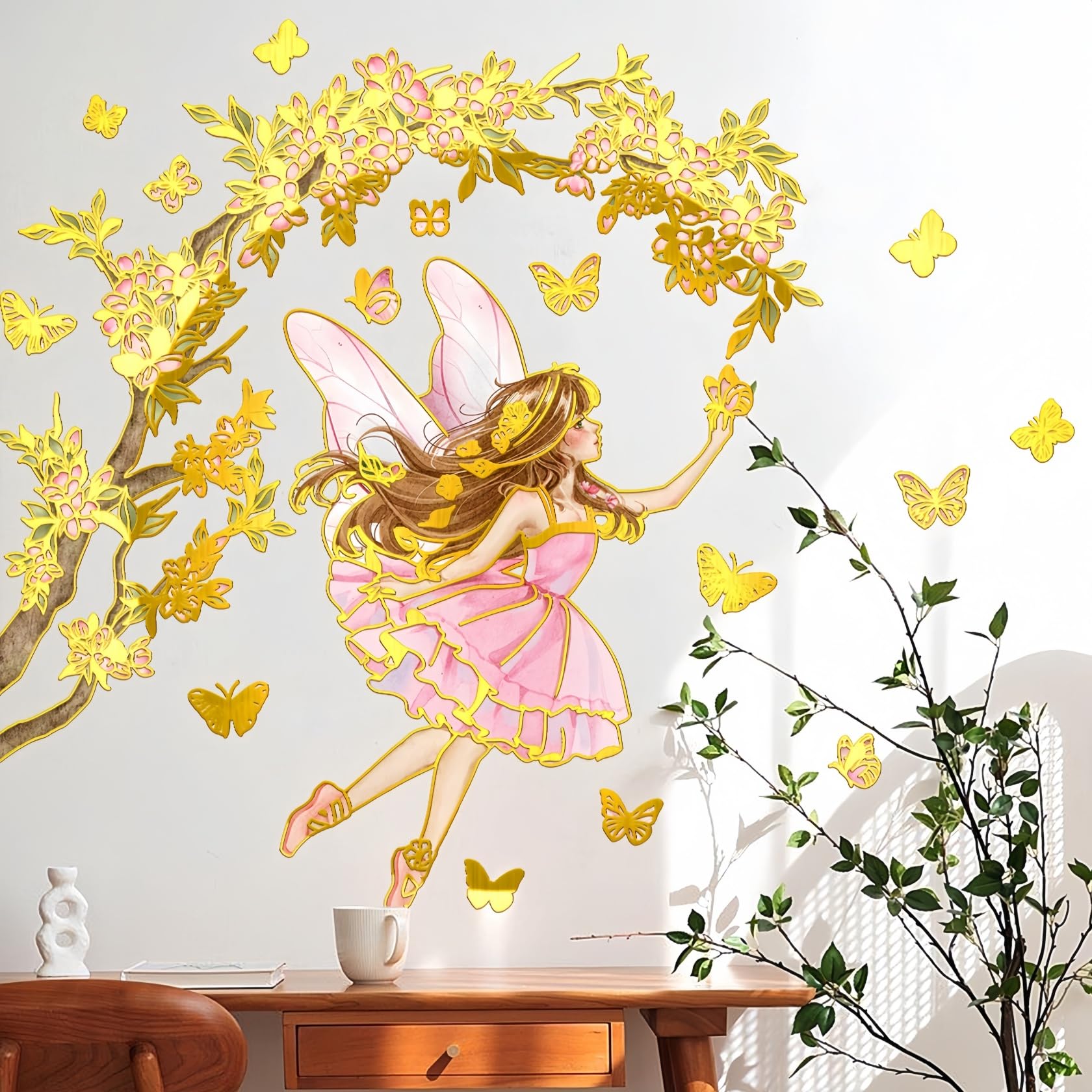 Lekabee Golden Flower Fairy Wall Stickers, Floral Butterfly Wall Decal, Girls Bedroom Baby Nursery Kids Room Wall Decor (Style_B) - Image 3