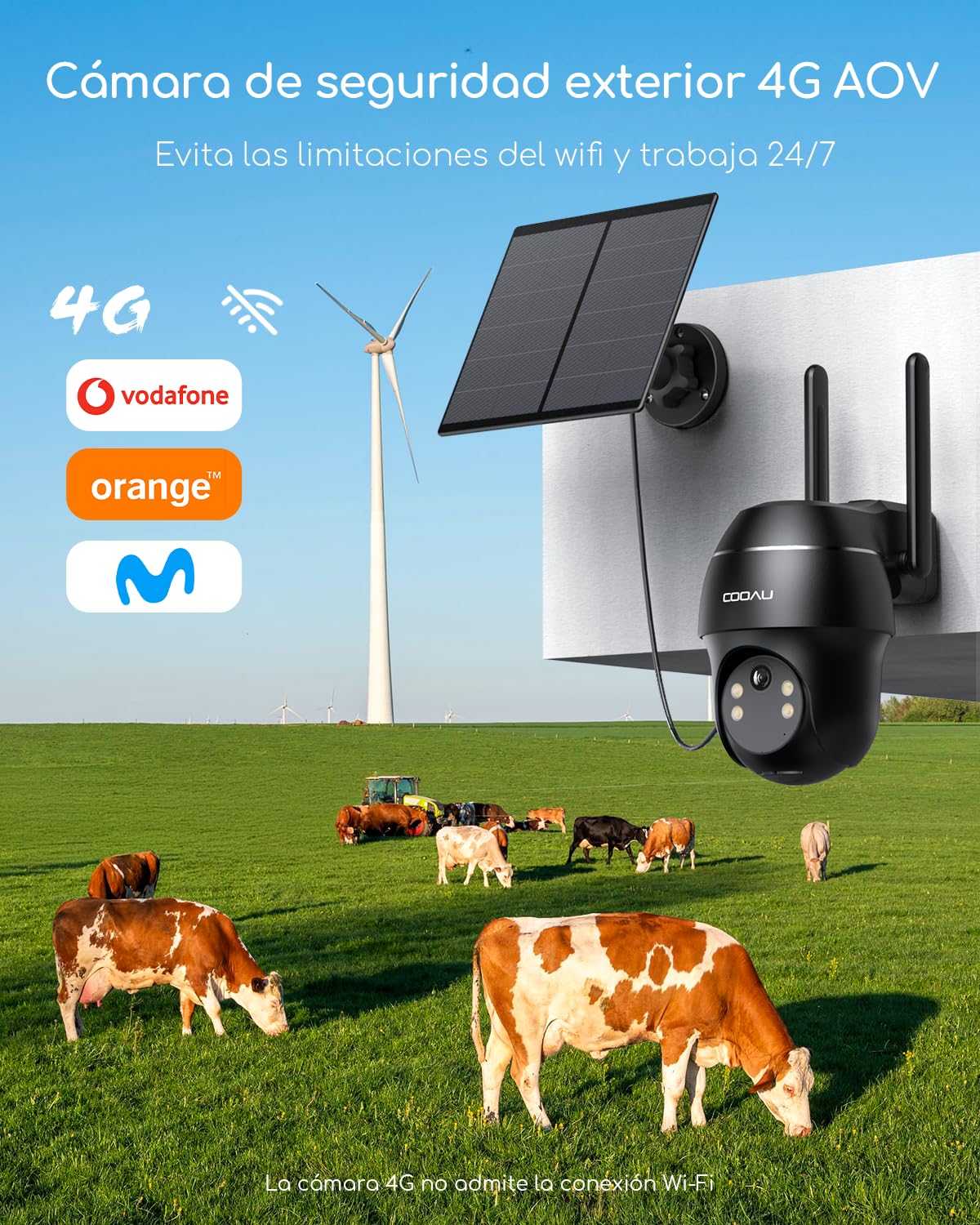 COOAU Grabación 24/7, 4G AOV Cámara Vigilancia Exterior Solar, con Panel Solar sin Cables, 360° PTZ, Detección de IA, Seguimiento de Personas y Visión Nocturna de 30 Metros, Incluye eSIM