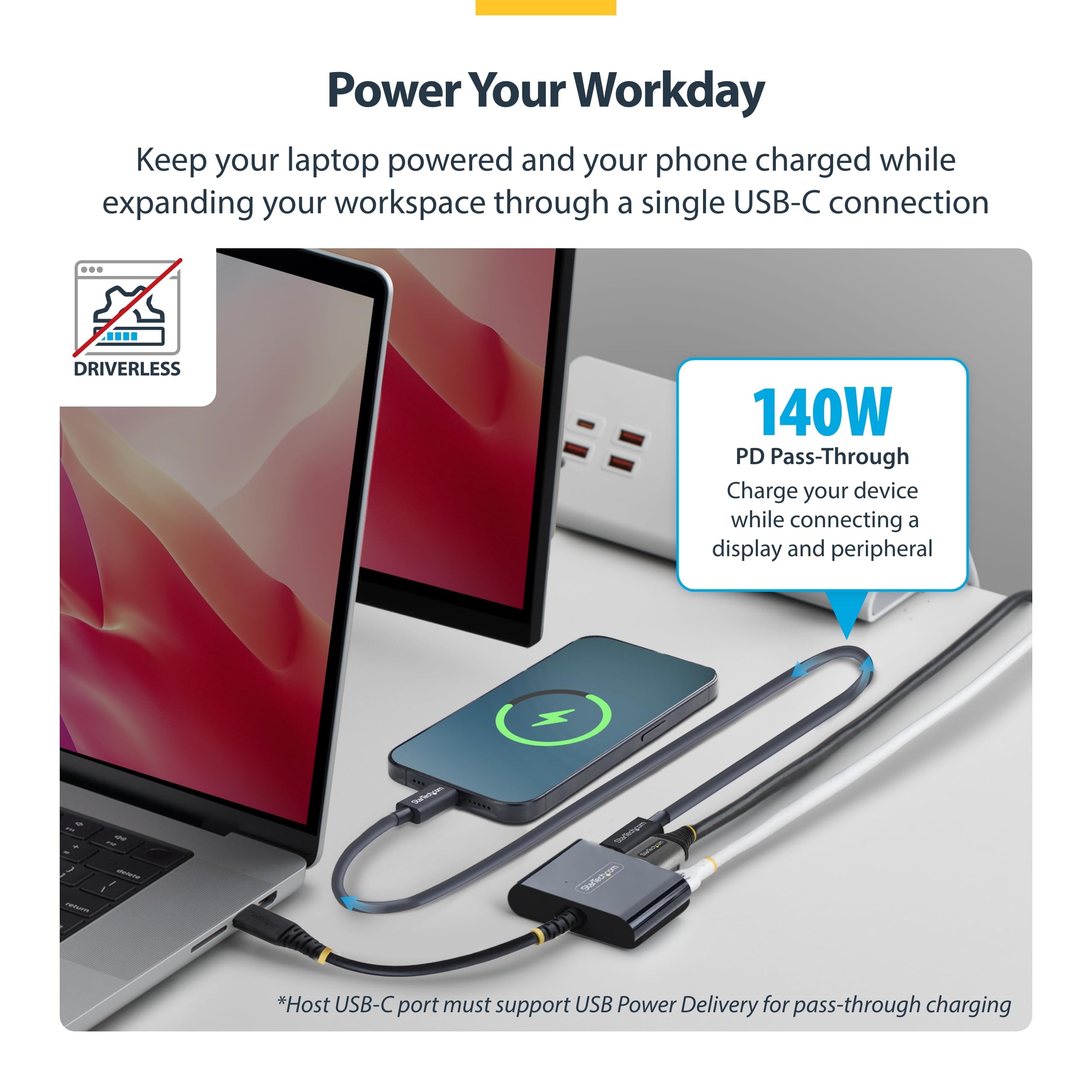 StarTech 3-in-1 USB C to HDMI Multiport Adapter with 140W PD