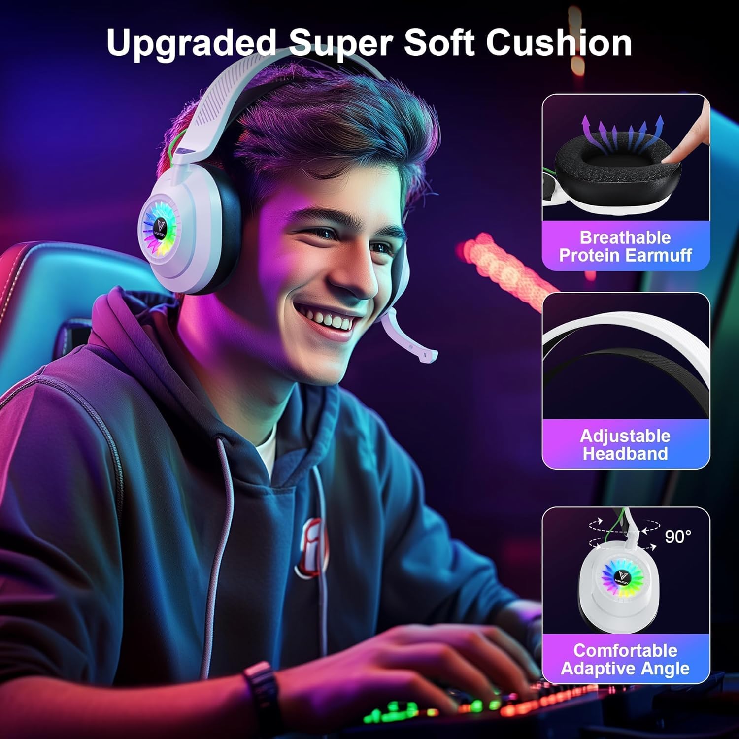 Close-up of the headset's breathable protein earmuff, adjustable headband, and adaptive angle