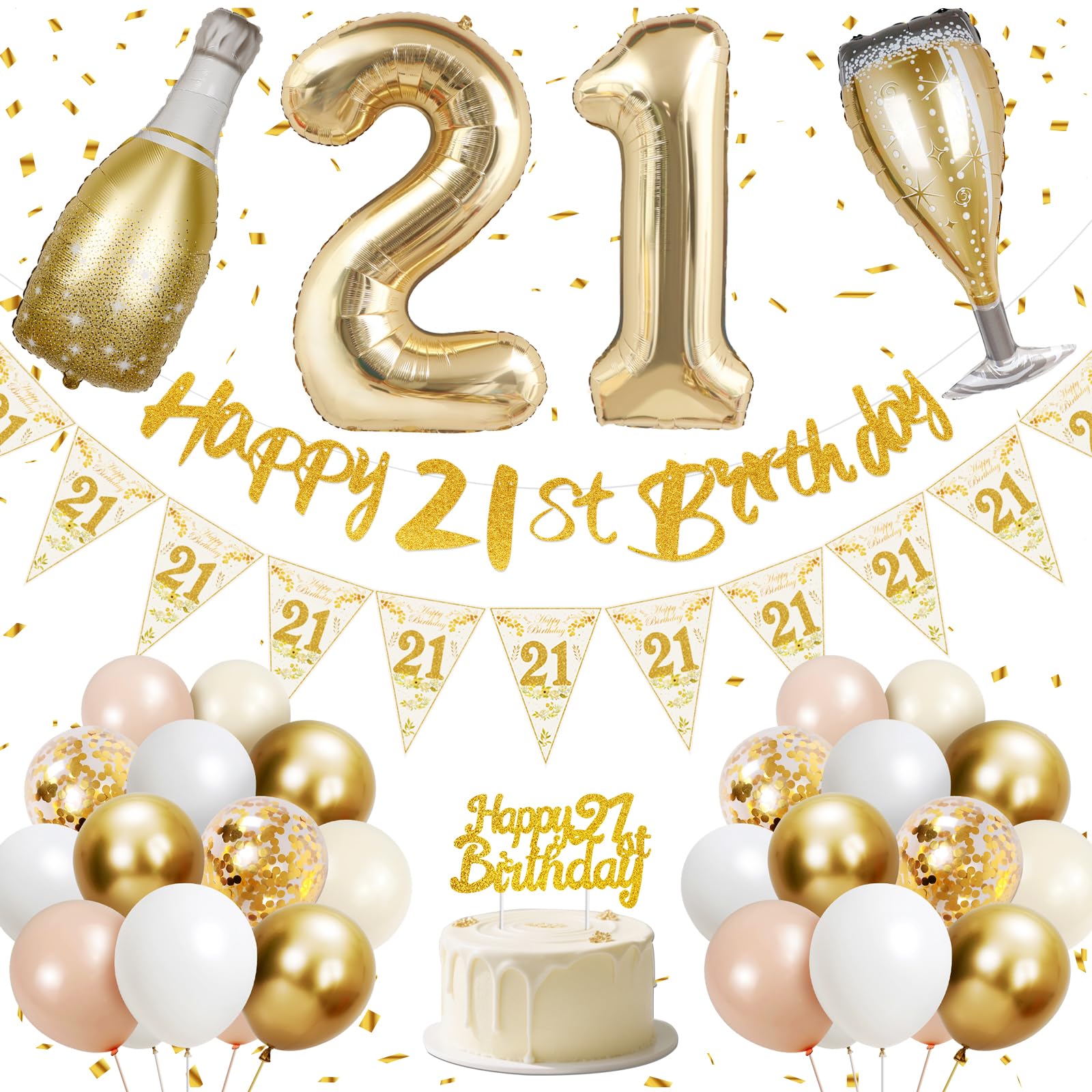 21st Birthday Decorations for Her, Happy 21st Birthday Banner, 40 inches 21 Foil Balloons, Champagne Golden Bottle and Glass, Gold, Pink, White and Confetti Balloons, 21st Party Decorations for Girls