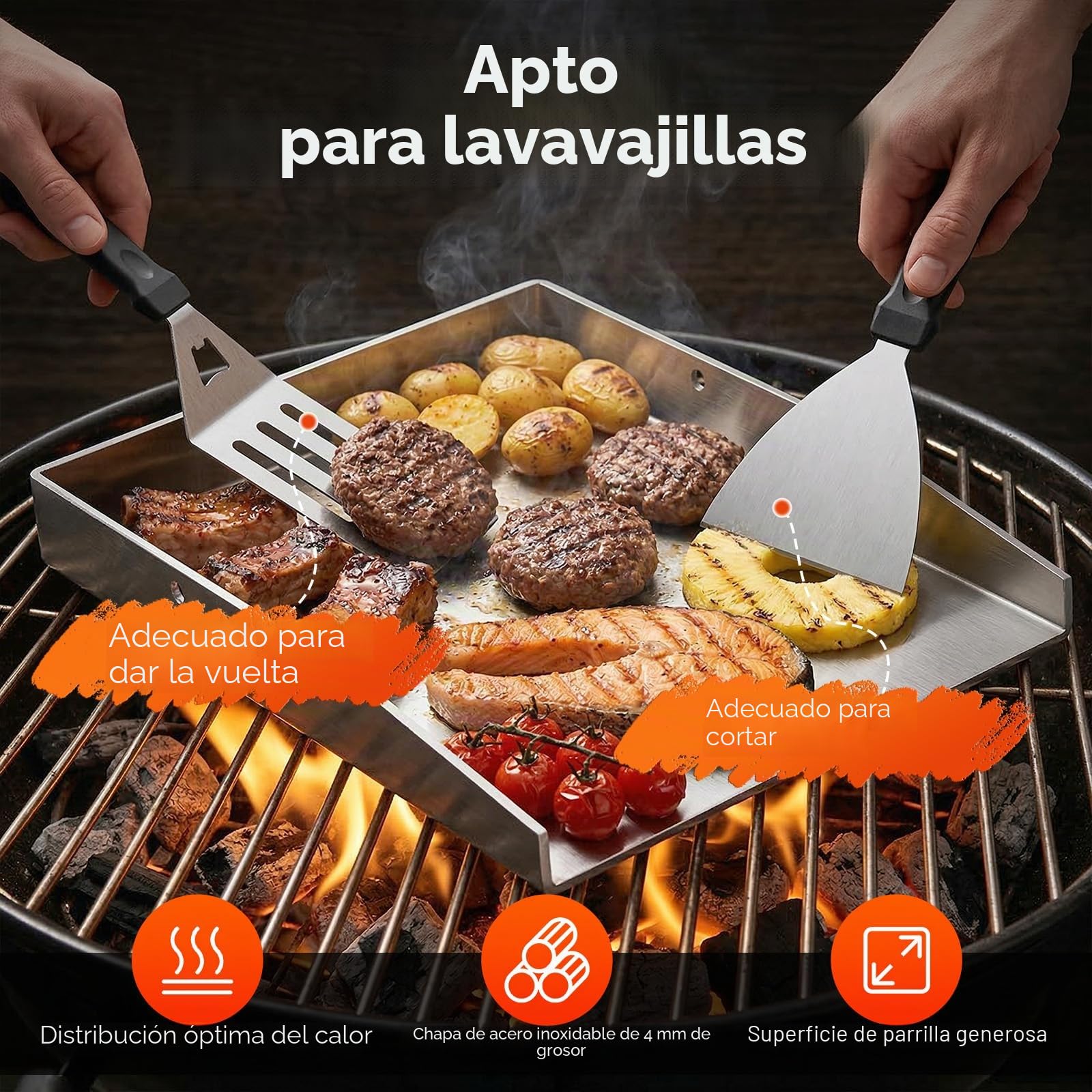 plancha para barbacoa de 40 x 30 cm con perforación, plancha acero inoxidable de 4 mm de grosor, Incluye espátula para barbacoa y mango resistente al calor y no se deforma