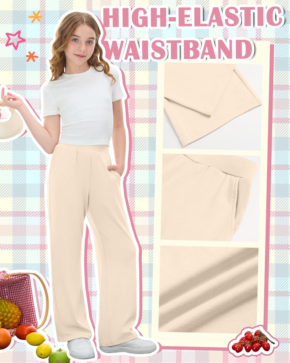 5 Pack Girls' Wide Leg Pants Teen Light Weight Baggy Loose Sweatpants with Pocket Elastic Waist for 5-16 Years