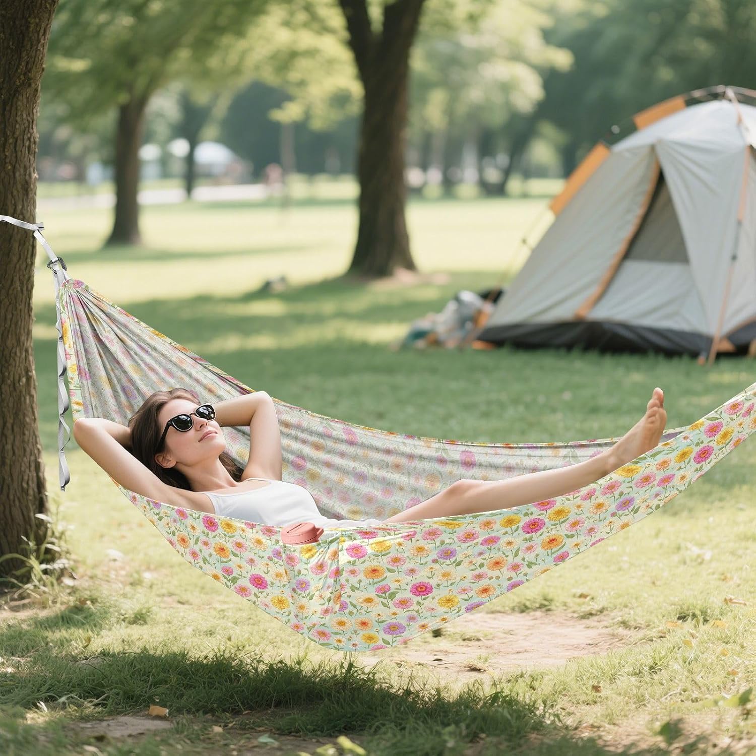 Colorful Flowers Outdoor Hammock with Hanging Rope Hanging Hammock for Camping & Hiking Essential