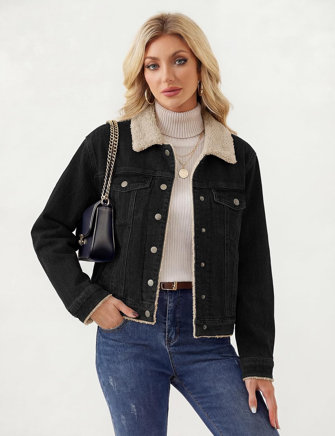 YUCOLEN Women's Denim Jacket Sherpa Lined Fleece Jean Coat Fur Collared Warm Button Down Trucker Jackets with Pockets - Image 4