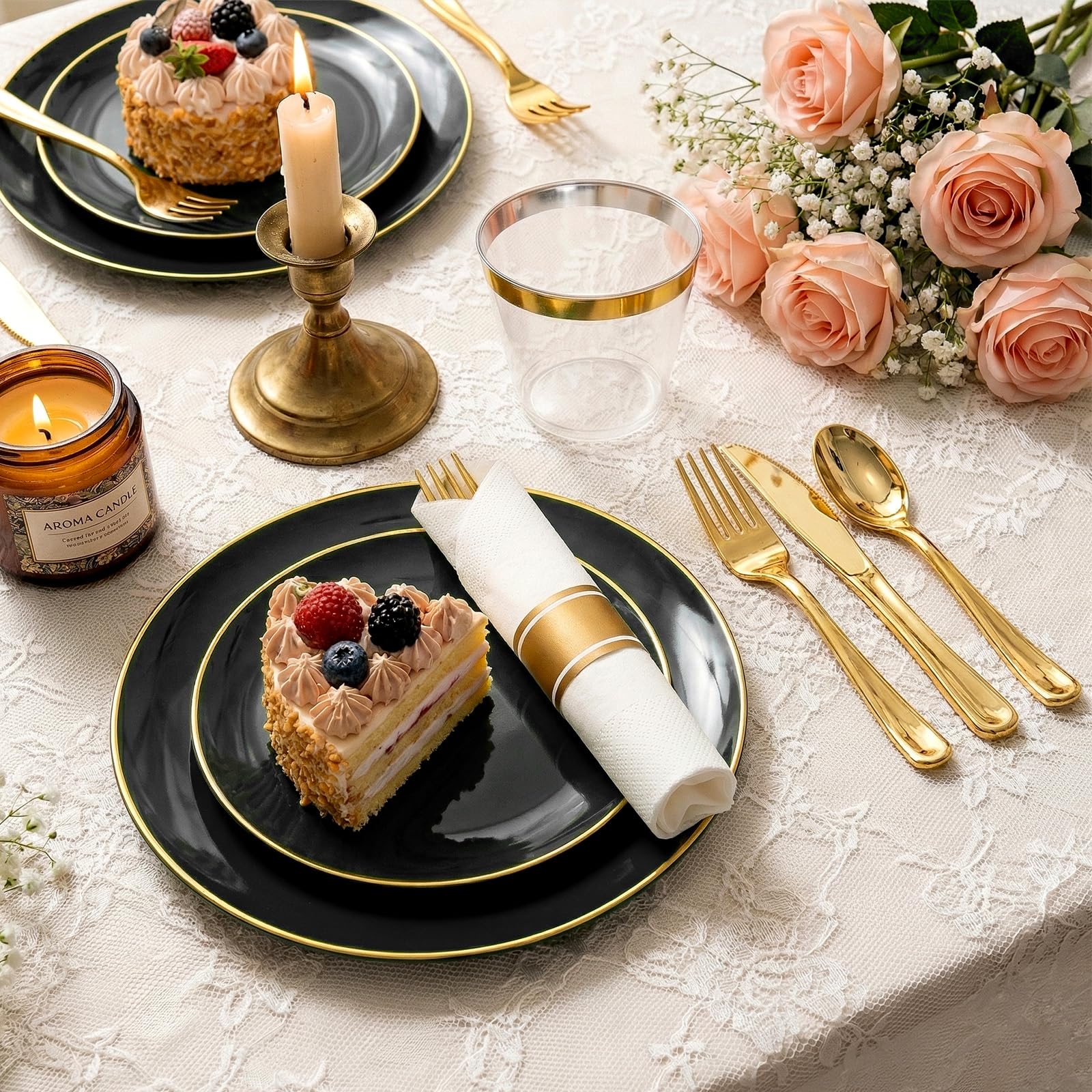 Black Gold Dinnerware Set - 25 Guest Party Plates -2