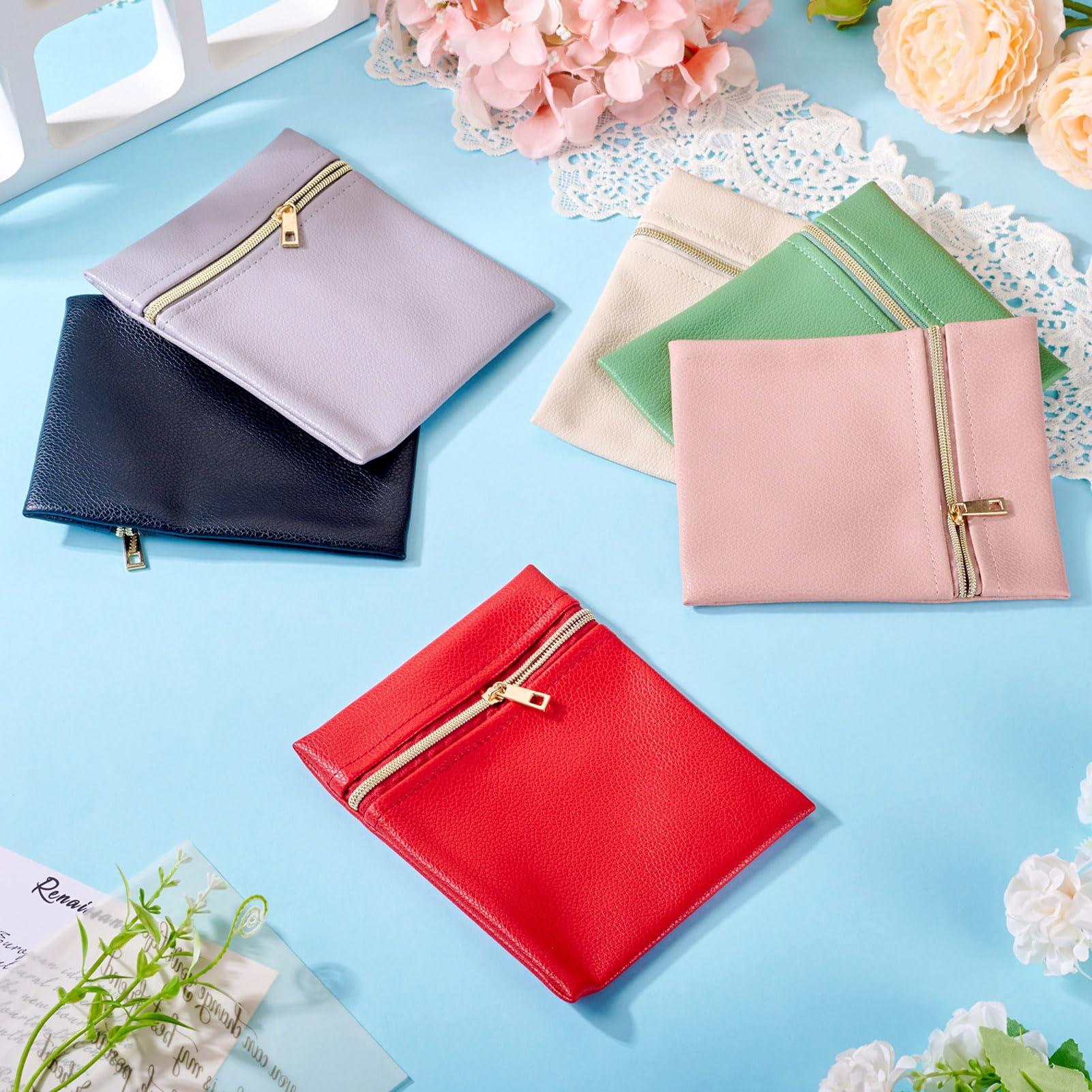 FASHEWELRY 6Pcs Imitation Leather Travel Jewelry Organizer 6 Colors 140x120x7mm Rectangle Travel Business Trip Jewelry Pouch Bags Portable Storage Zipper Bag for Earrings, Rings, Bracelets