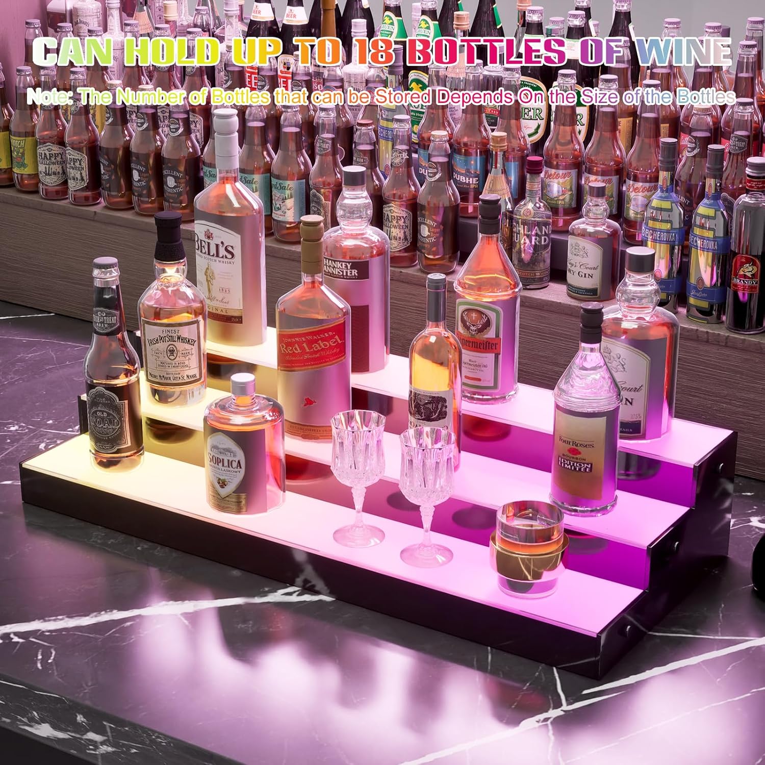 LED Lighted Liquor Bottle Display Shelf 3 Tier 24 Inch Illuminated Home Bar Shelf Display Stand with Remote and App Control Multicolor Acrylic Lighted Bottle Display for Home Commercial Bar Party