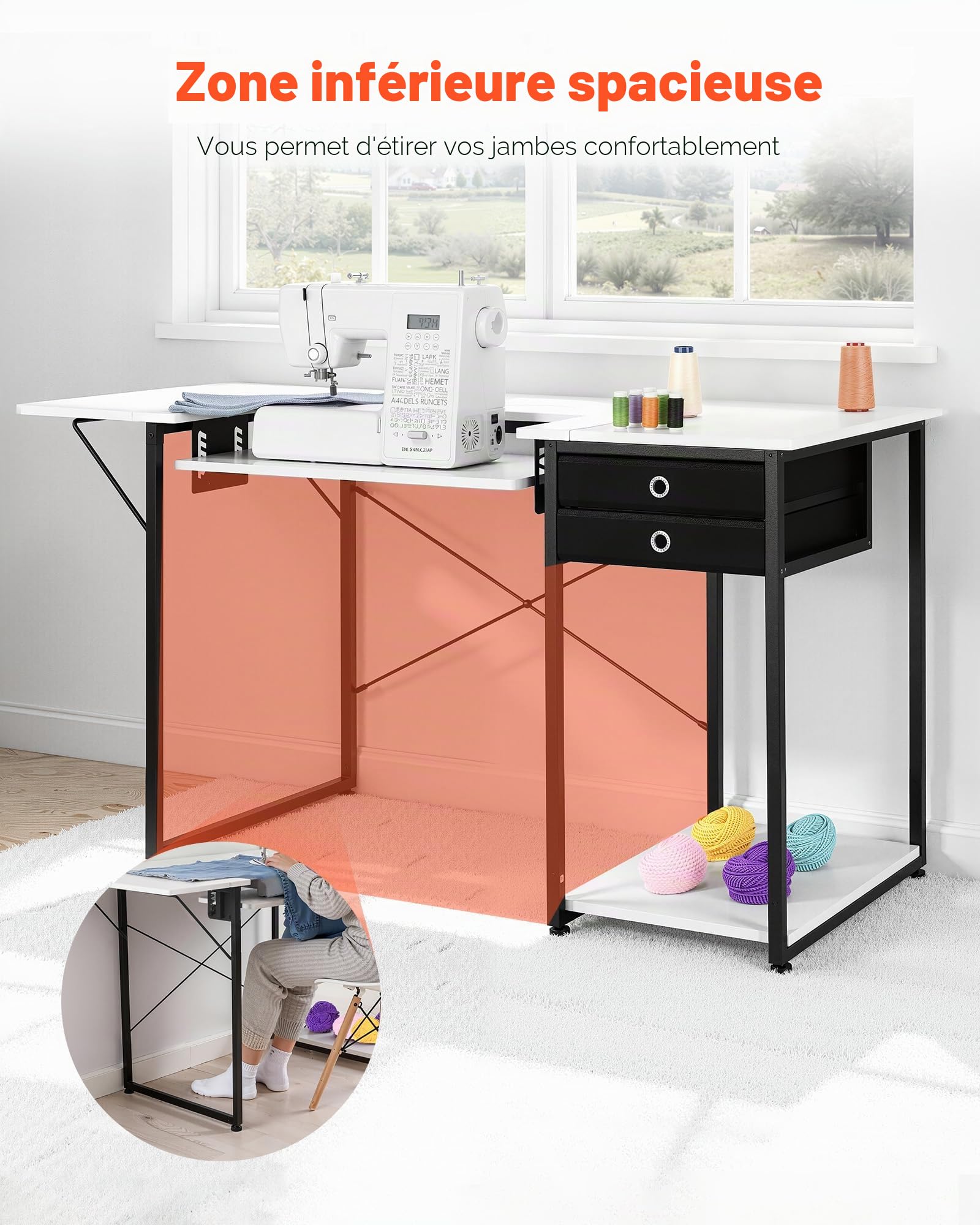 VEVOR Table de Couture, Pieds en Acier, Table pour Machine à Coudre Polyvalente avec tiroirs, Tablette latérale Pliable, étagère réglable, pour Maison, Studio d'art, établissement d'enseignement
