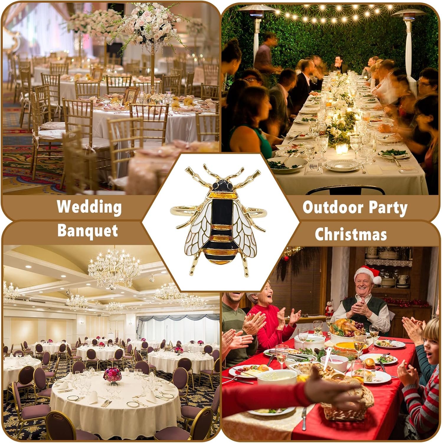 Napkin Rings Bee Dining Table Decor Soft Enamel Metal Gold Set of 12 Holders for Cloth Napkins - Easter & Valentine Gift