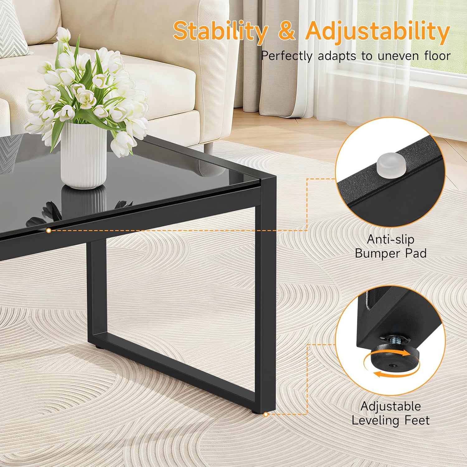 ONBRILL Rectangle Coffee Table with Tempered Glass Desktop, Galvanized Frame Outdoor Coffee Table with Adjustable Feet for Patio, Balcony, Deck, Living Room, Black