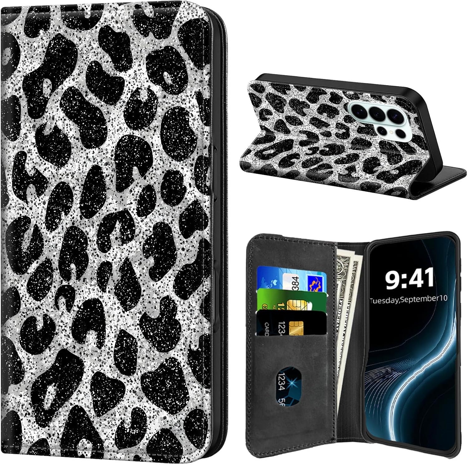 For Samsung Galaxy S26 Ultra Wallet Case with Card Holder, Magnetic Leather Flip Folio Cover with Kickstand, Shockproof Design for Business Travel, Stylish for Men & Women, Glitter Cheetah Print