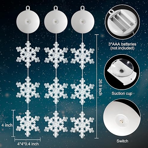 Miniatura 5 de 3 luces navideñas para ventana, funciona con pilas, cadena de copo de nieve iluminada blanca