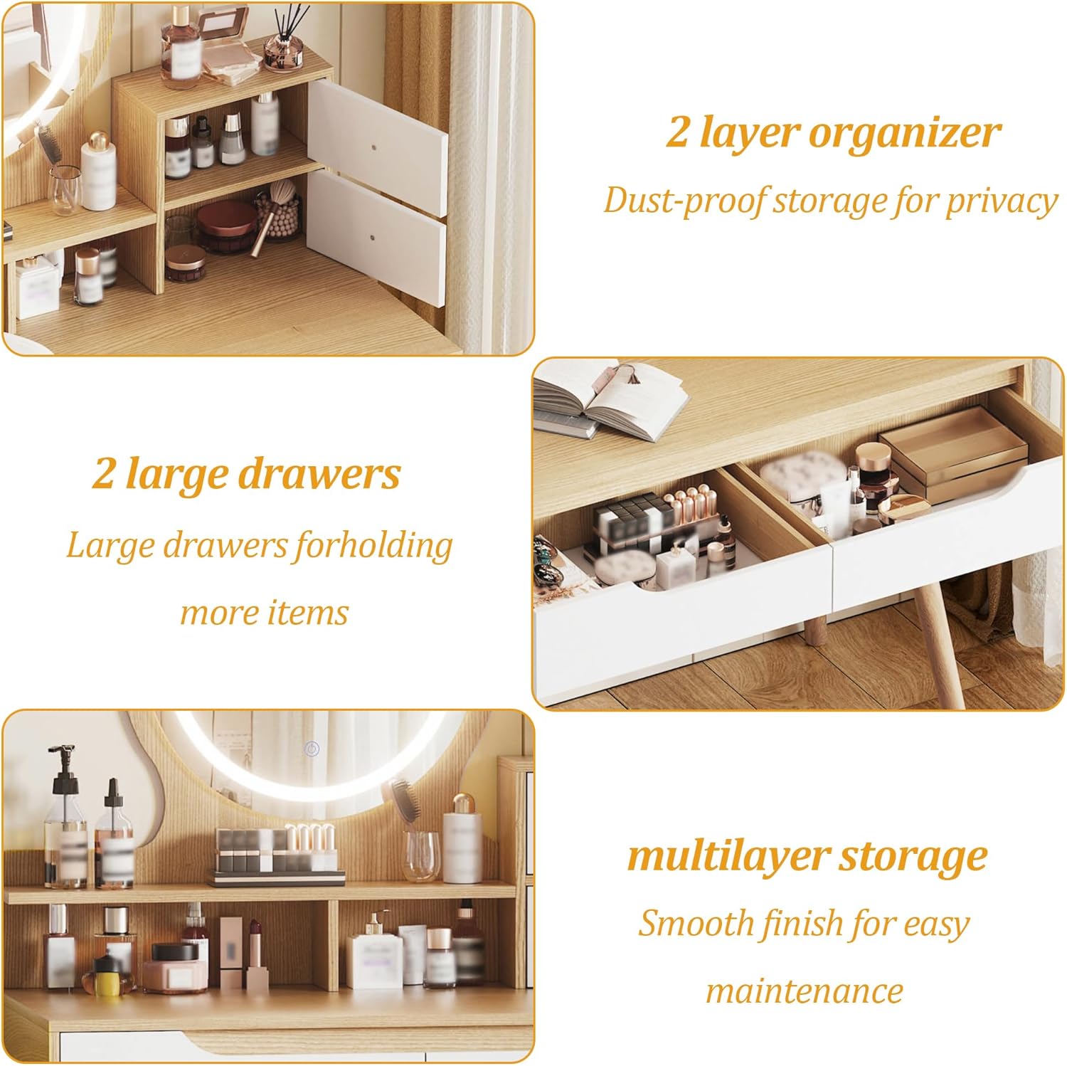 Makeup Vanity Desk with Lighted Mirror, 3 Lighting Modes Adjustable Color, Small Vanity Table with Storage Drawers and Open Shelves for Bedroom, Solid Wood Frame, Oak