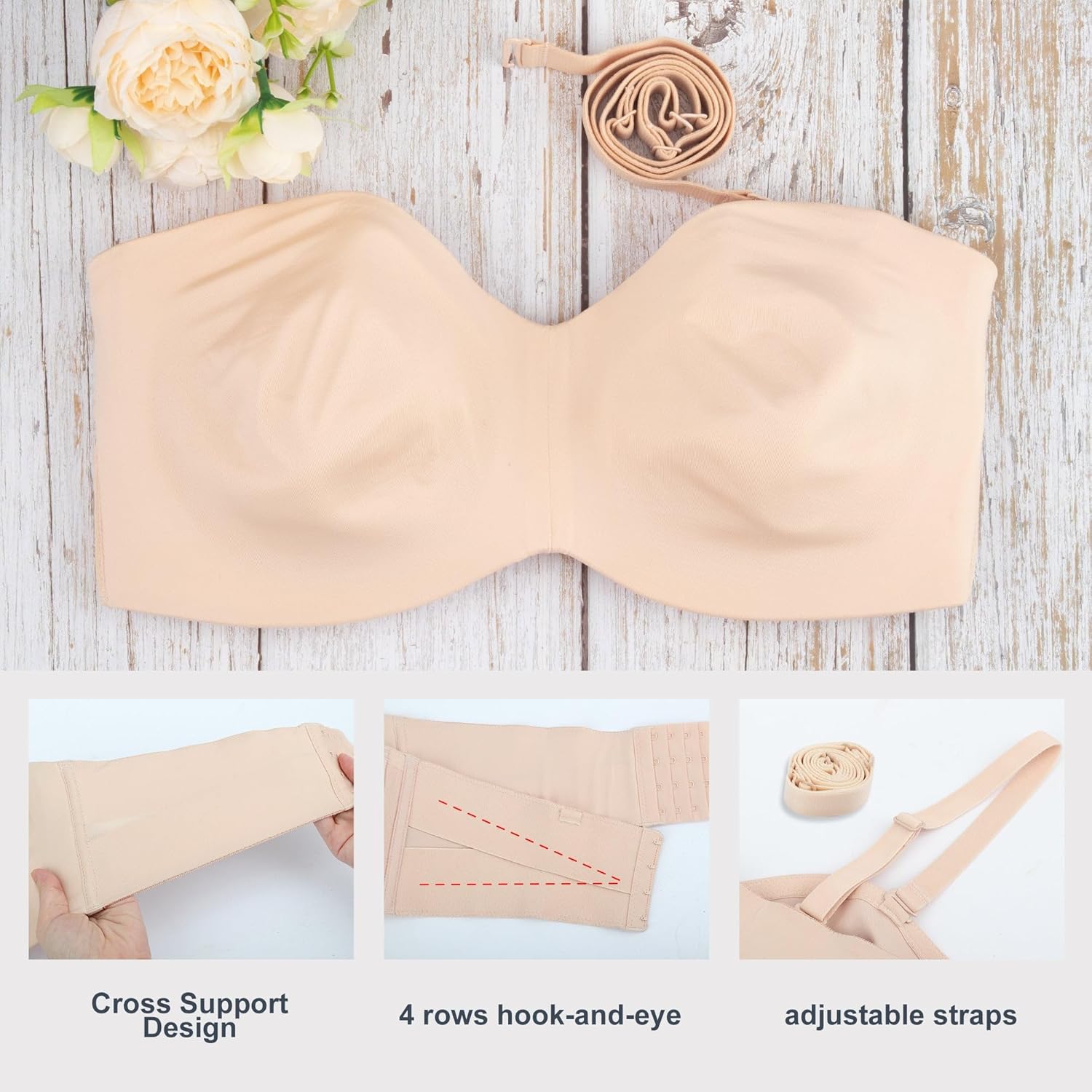 sheroine Strapless Push up Plus Size Seamless Bra Underwire Convertible Smoothing Unpadded Support Large Breasts Bras(Nude,34G) - Image 6