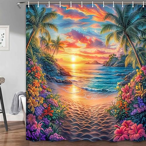 Miniatura 33 de JAWO Cortina de ducha con temática de playa con estrellas de mar, conchas tropicales, conchas de mar, escena costera hawaiana, vista al mar, sin