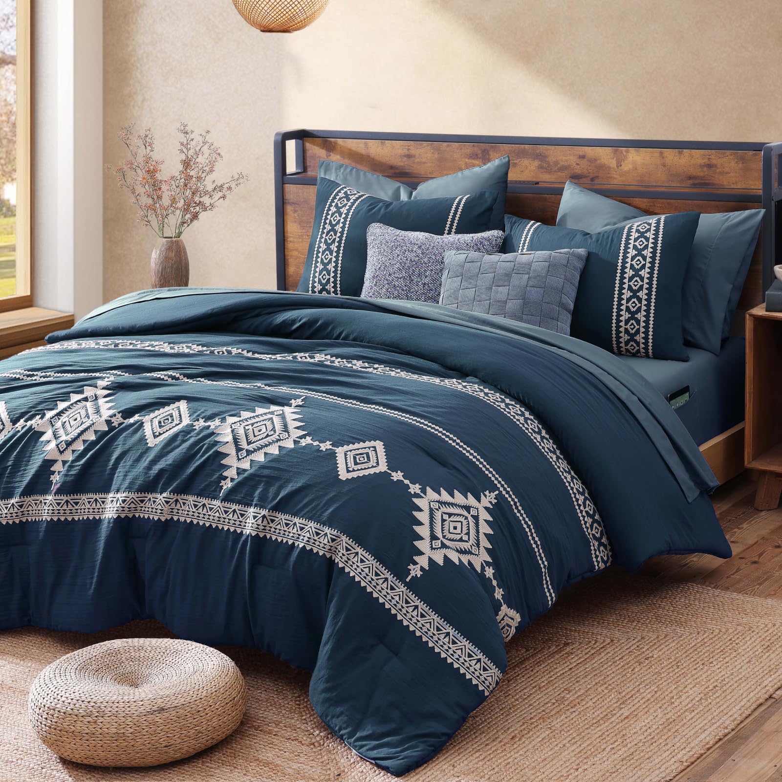Photo 1 of MaiRêve Embroidery Queen Size Comforter Set Navy Blue, Boho Farmhouse Western Bedding Set 7 Pieces, All Season Bed in A Bag Comforter Set with Sheets, Pillowcases & Shams