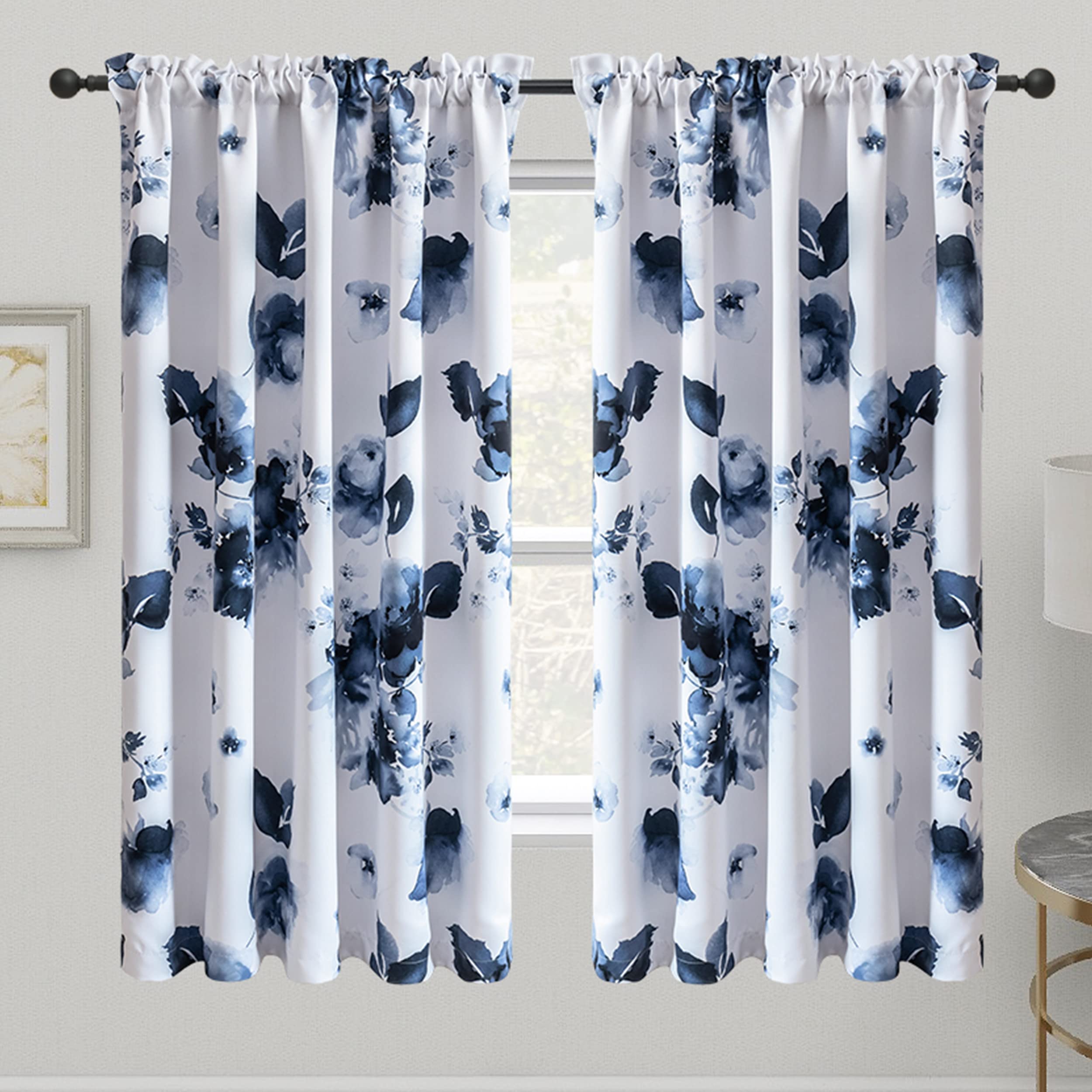 Taisier Home 72 Inch Rod Pocket Room Darkening Window Curtain Drapes, Chinese Traditional Ink Painting Stylized Leaves and Flower,Artwork,Deep Blue