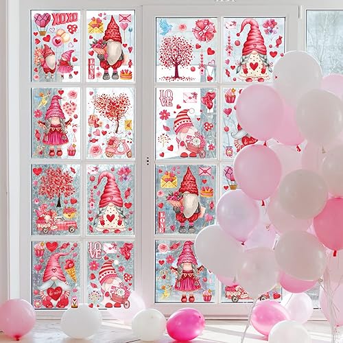 Miniatura 3 de Whaline 9 Hojas de Adhesivos de San Valentín - Gnomos de Amor Rosados con Corazones y Árboles Impresos de Doble Cara, Adhesivos de Ventana para