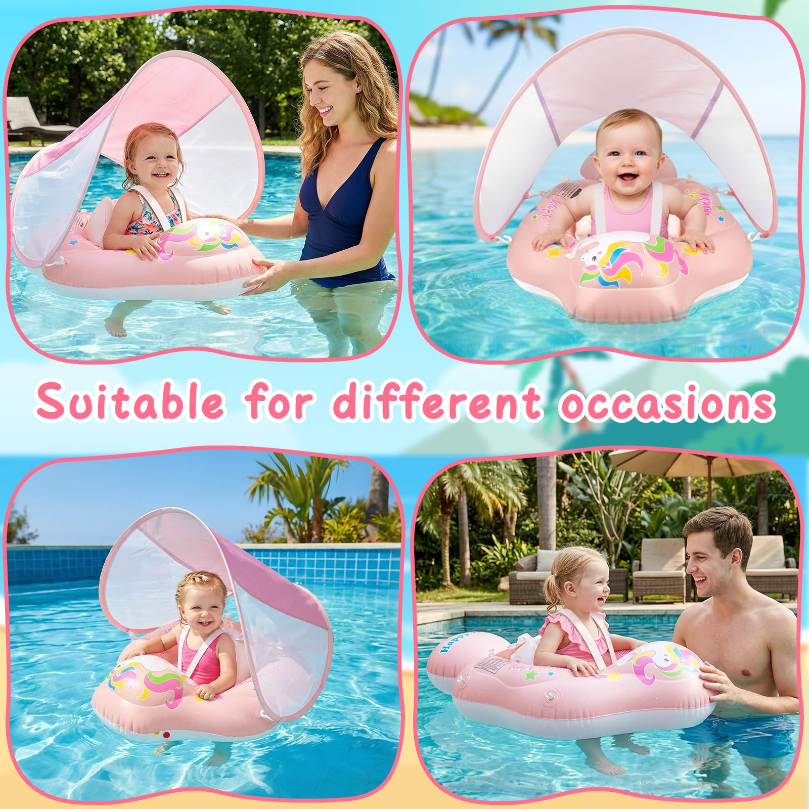Mineup Salvagente Neonato Con Parasole, Ciambella Neonato Mare, Ciambella Da Nuoto Per Bambini, Seggiolino Gonfiabile Regolabile Con Parasole UPF50+, Galleggiante Per Bambini 12-36 Mesi