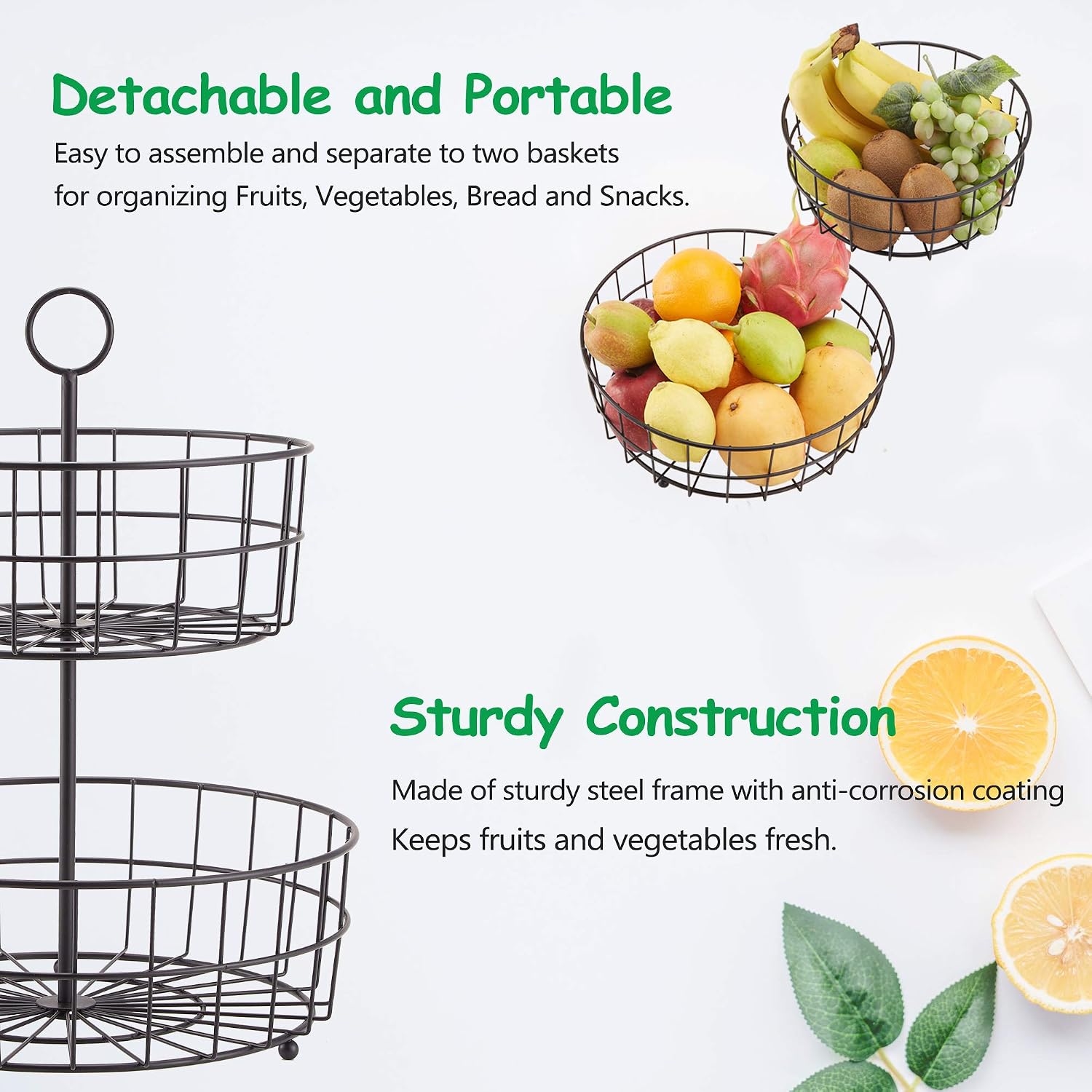 ALHAKIN Fruit Basket, 2 Tier Fruit Basket for Kitchen, Detachable Metal Fruit Bowl Breads Snacks Vegetable Organizer, Stable Fruit Bowl for Kitchen Counter, Black
