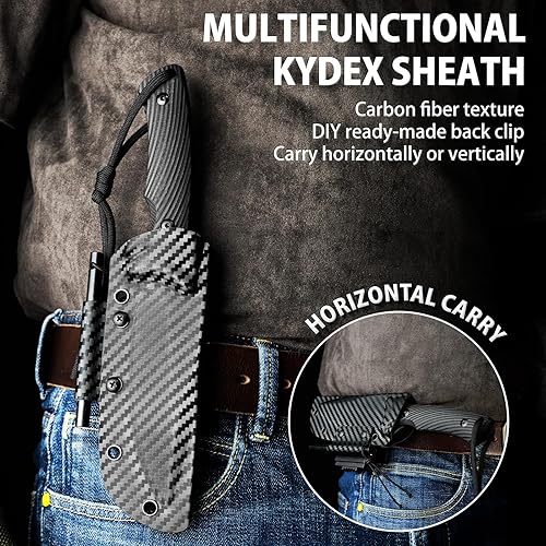 Miniatura 4 de LOTHAR KA52 Cuchillo de hoja fija, cuchillos de supervivencia afilados de hoja de acero D2 con funda Kydex, cuchillos de caza con mango G10,