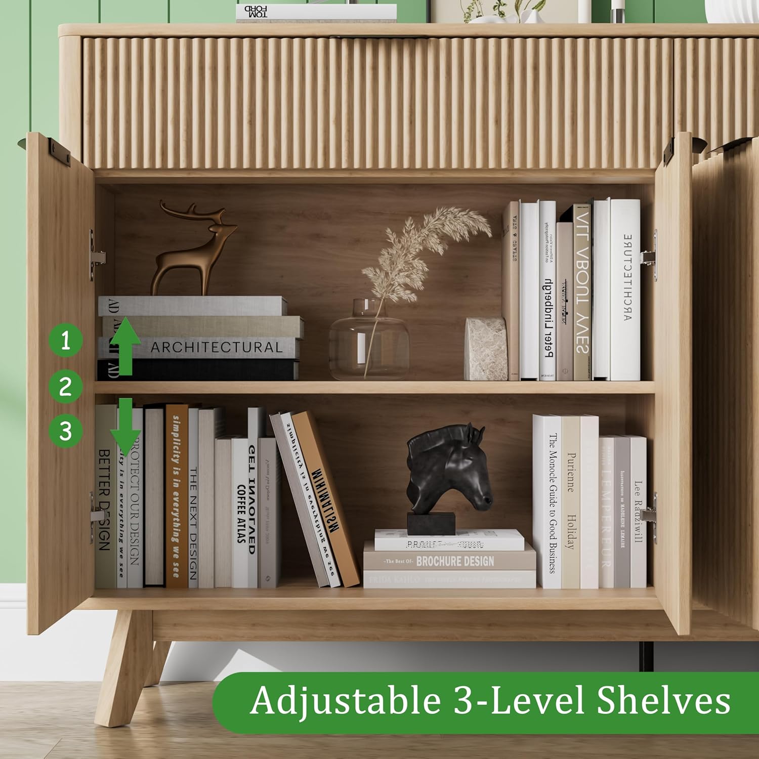 GarveeHome Buffet Sideboard, 60'' Sideboard Cabinet with 2 Drawers and 4 Wave Doors, Sideboard with Adjustable Shelves, Light Oak