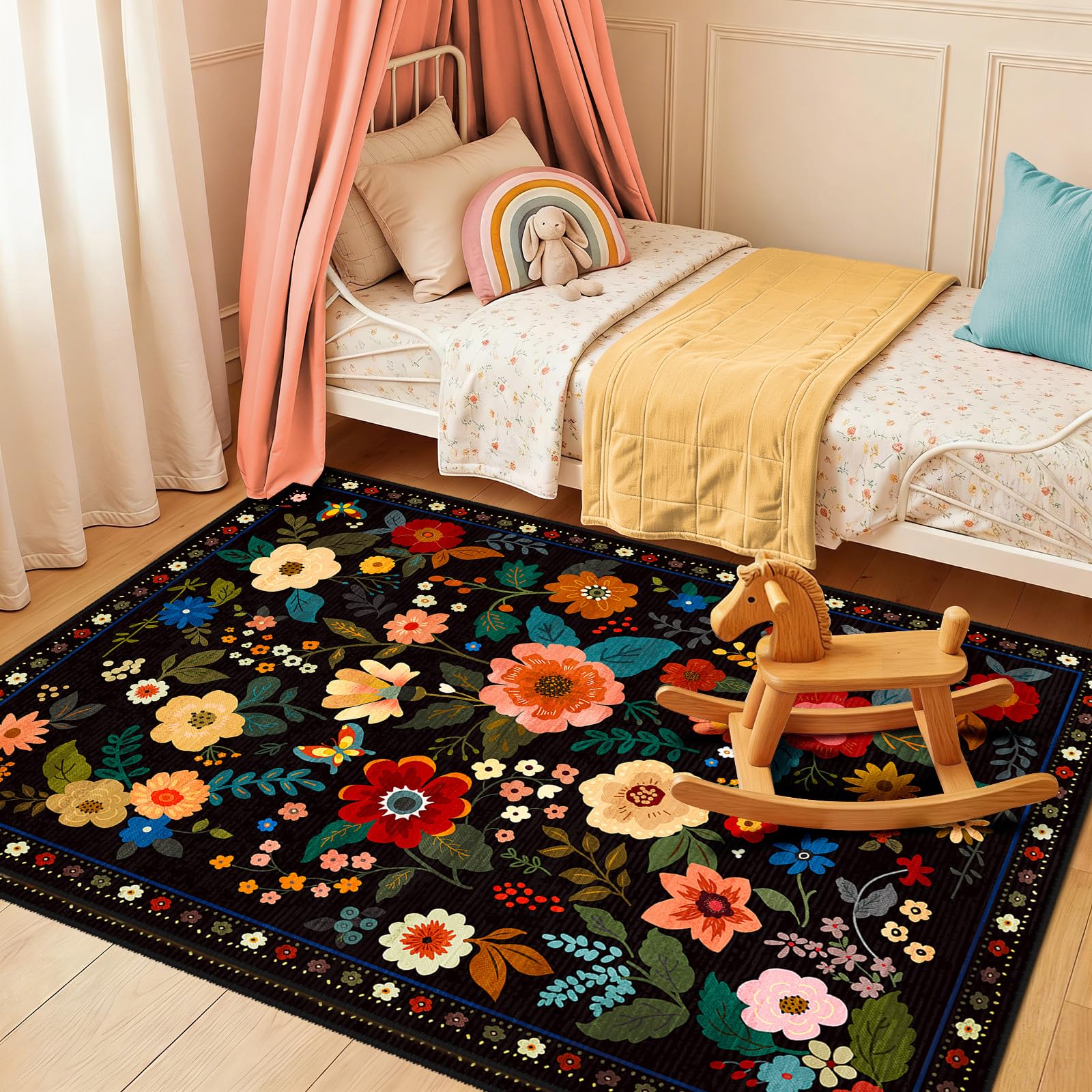 DEFYNEE Waschbarer Teppich Wohnzimmer, Boho Vintage Blumenmuster Teppich, Rutschfester Kurzflor Carpet für Wohnzimmer, Schlafzimmer, Esszimmer