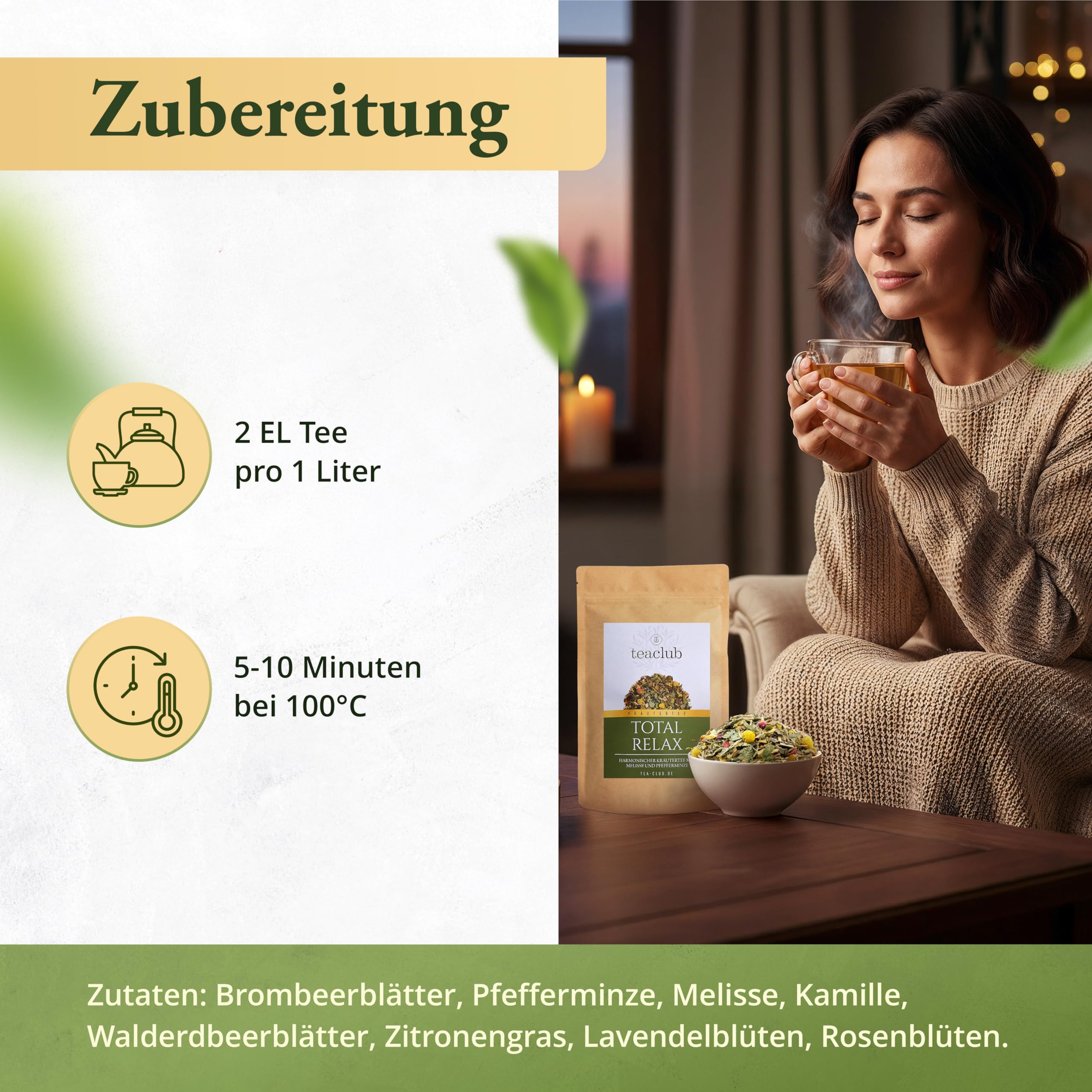 TeaClub Total Relax Tisane Basique en Vrac 500g – Mélange d'Herbes | Tisane basique bien-être à la camomille, lavande, mélisse, citronnelle & menthe, sans caféine, vegan
