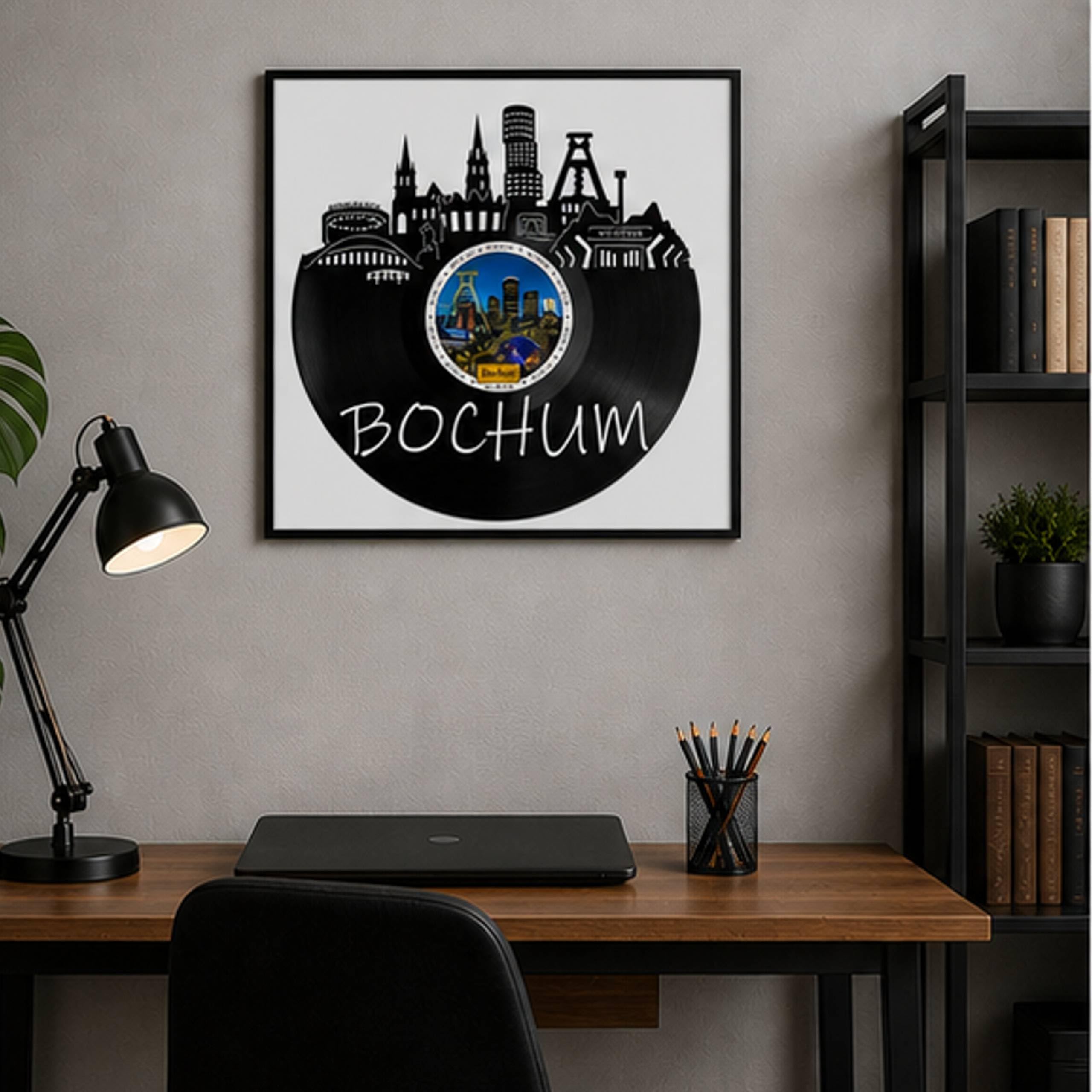 EVEVO Decorazione da parete in vinile, con cornice, 32 x 32 cm, Bochum, arte da parete in vinile, skyline di Ruhrpott, regalo per gli appassionati di Bochum e gli amanti delle miniere