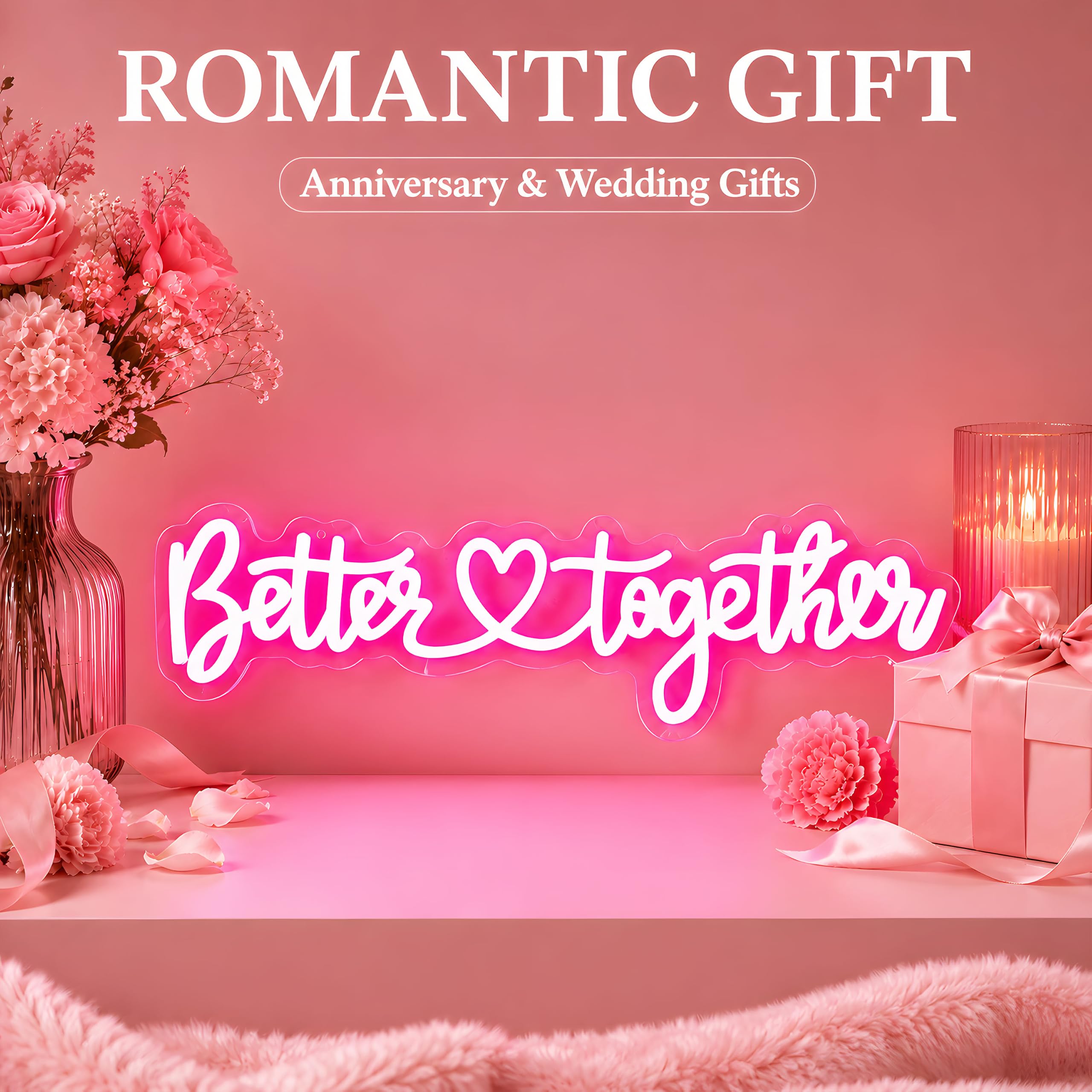 Better Together Neonschild für Wanddekoration, USB-betrieben, dimmbar, rosa Schrift, LED-Wortlicht für Hochzeit, Verlobung, Party, Brautparty, Schatz, Tisch, Paar, Geschenk