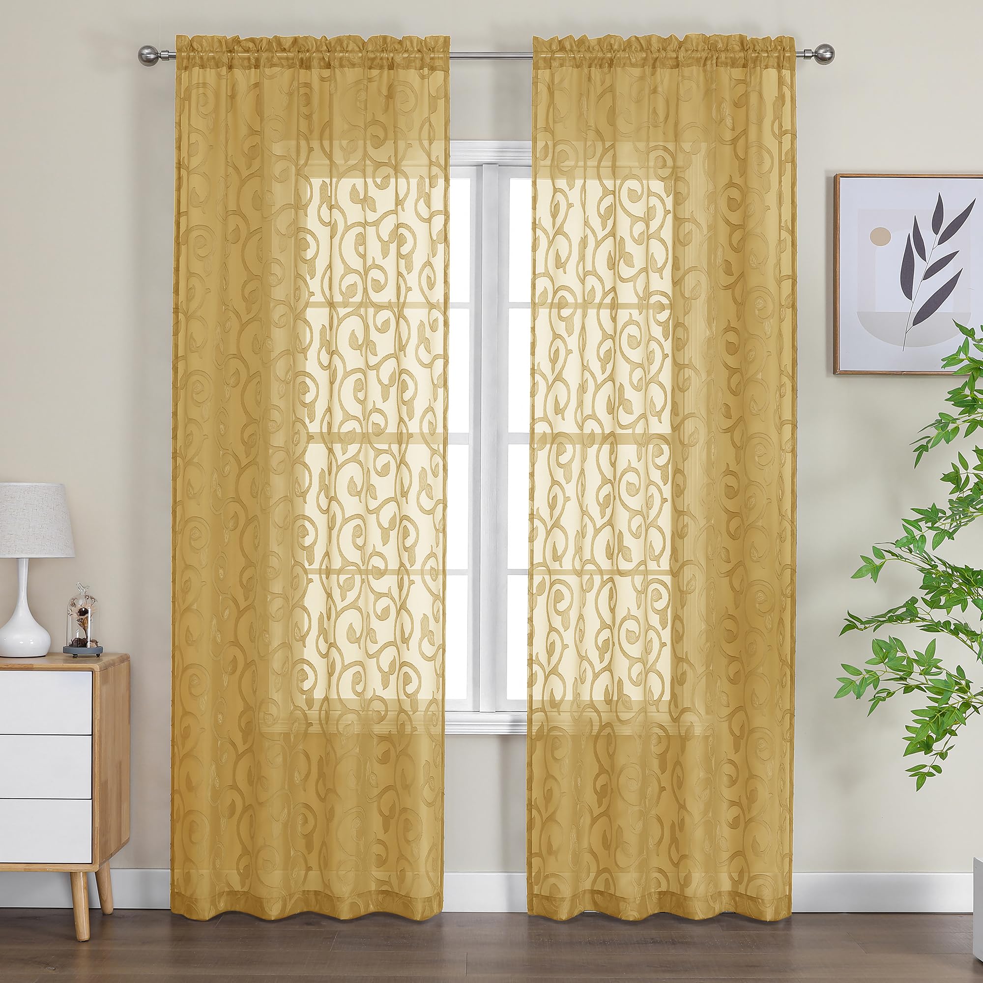OWENIE Furman Gold Sheer Curtains 96 inches Extra Long for Bedroom Living Room 2 Panels Set, Light Filtering Soft Solid Semi Sheer Farmhouse Jacquard Curtains, Top Dual Rod Pocket Design, 40Wx96L inch — image 1