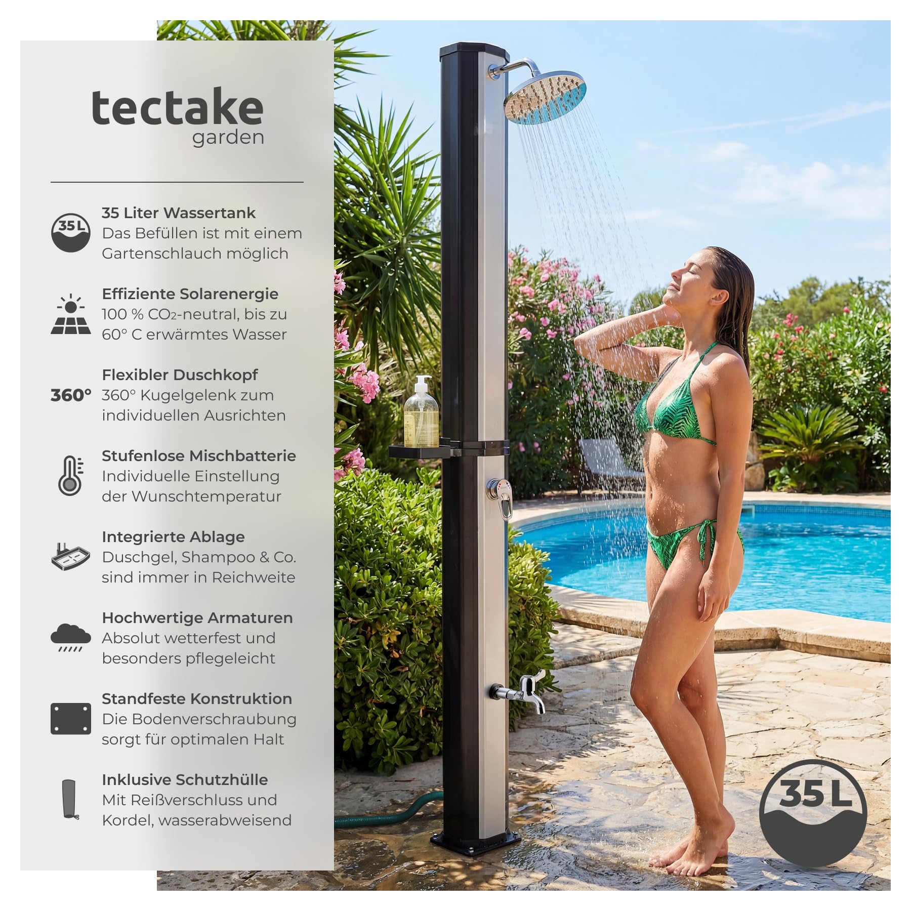 TecTake® Solardusche 35 l, bis 60° C warmes Wasser, drehbarer Regenduschkopf, mit Gartenschlauch-Anschluss und Wasserhahn, Solar Dusche Garten, Gartendusche, Camping Dusche - schwarz/Silber