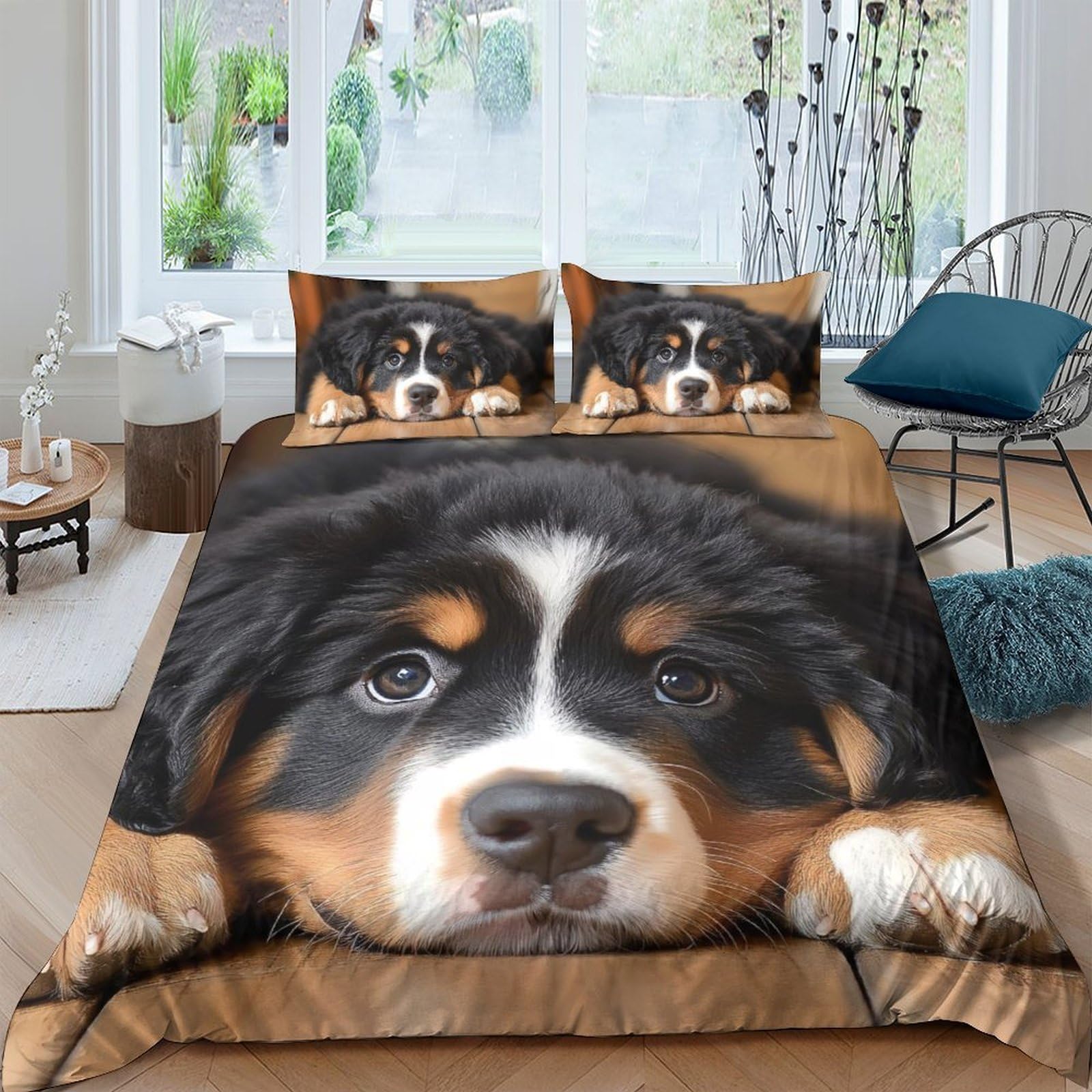 GPLZQXKJNH 3D Printed Bernese Mountain Dog Duvet Cover Microfiber Soft Breathable Realistic Puppy Bedding Set with 2 Pillowcases for Bedroom Decor Single（135x200cm）