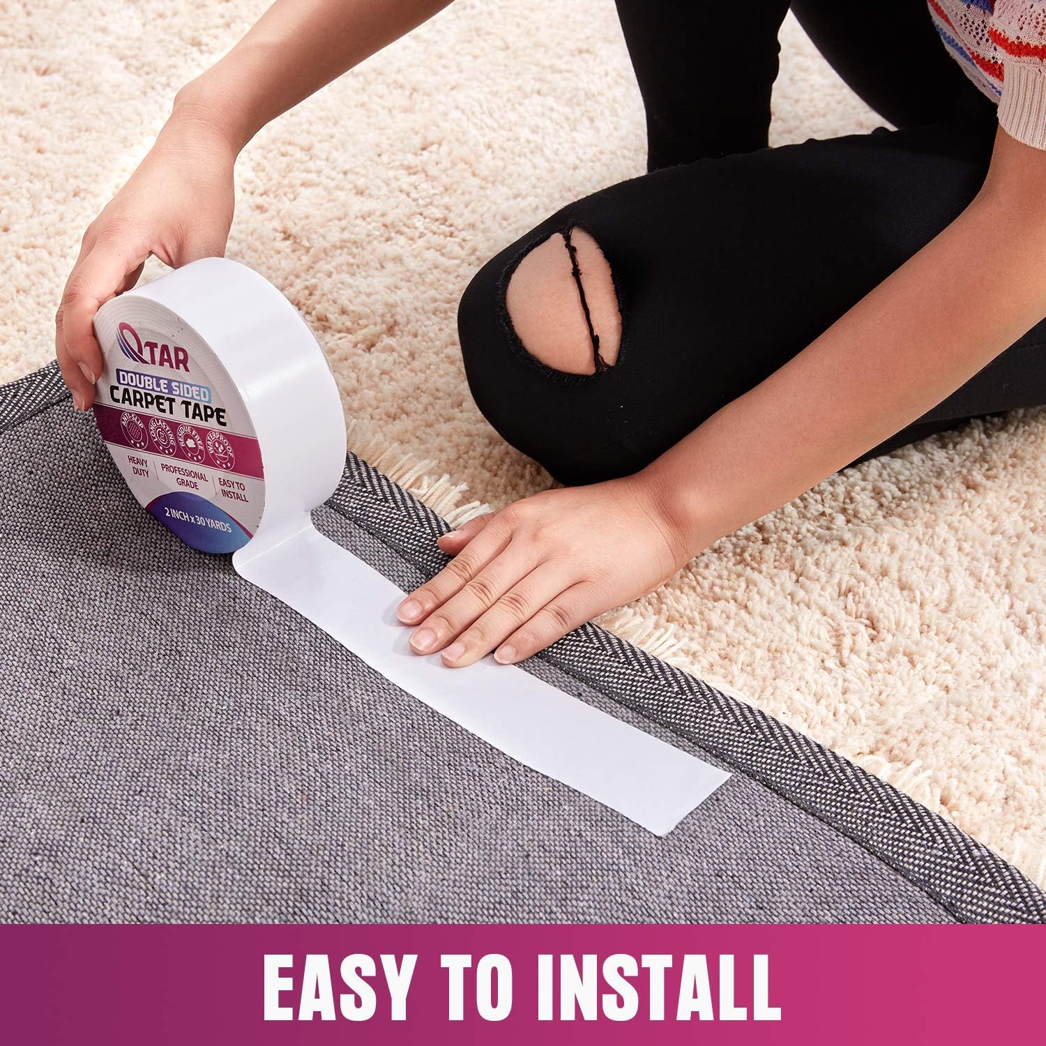 Removable Double Sided Carpet Tape, Heavy Duty Sticky tape, 2 Inch X 15 Yards, Rug Tape Anti-Slip for Area Rugs, Hardwood Floors, Stair Treads, Rugs, Carpet Over Carpet Adhesive