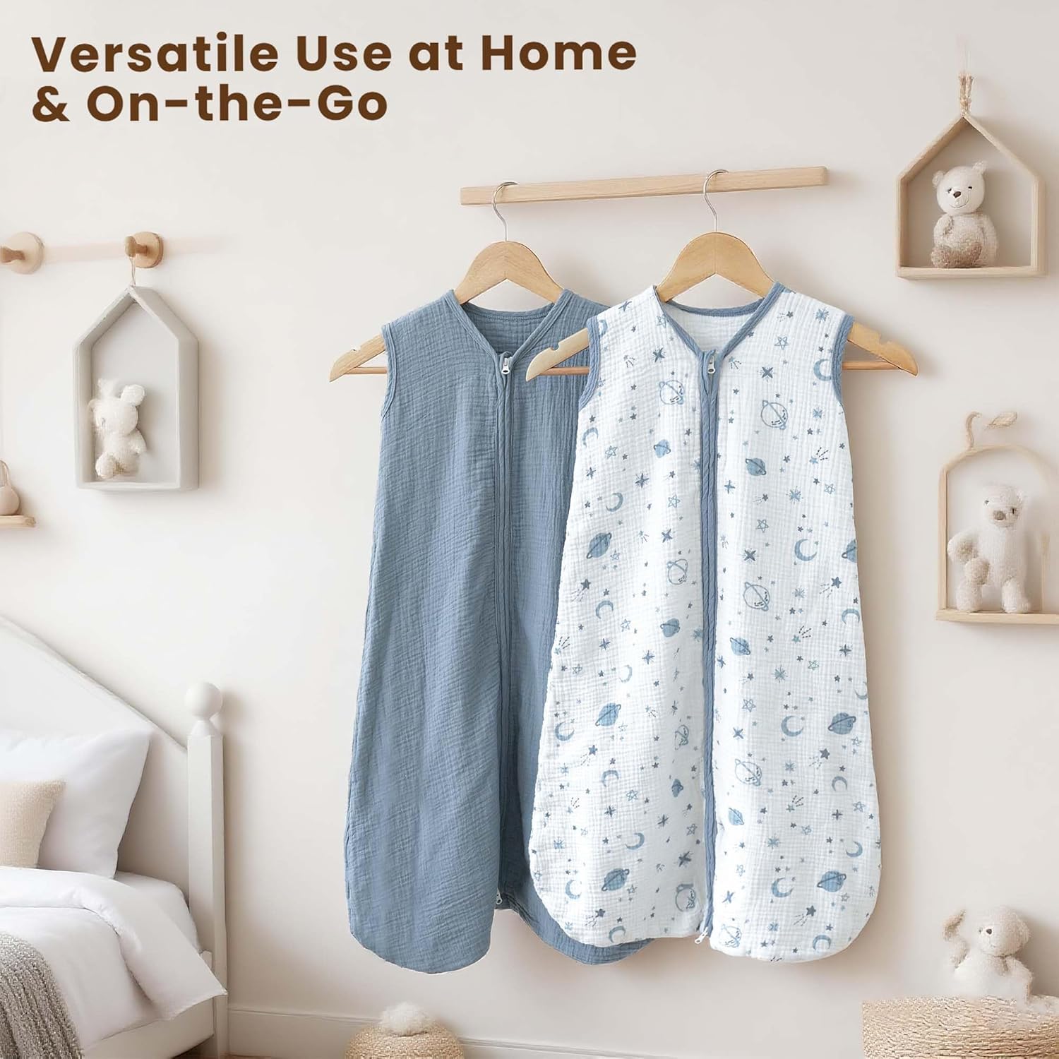 Konssy Muslin Baby Sleep Sack 0-6 Months 0.8 TOG, 2 Pack 100% Cotton Wearable Blanket for Babies, 2-Way Zipper Breathable Sleeping Sack Infant Toddler Essentials for Girls and Boys (Star, Blue) - Image 8