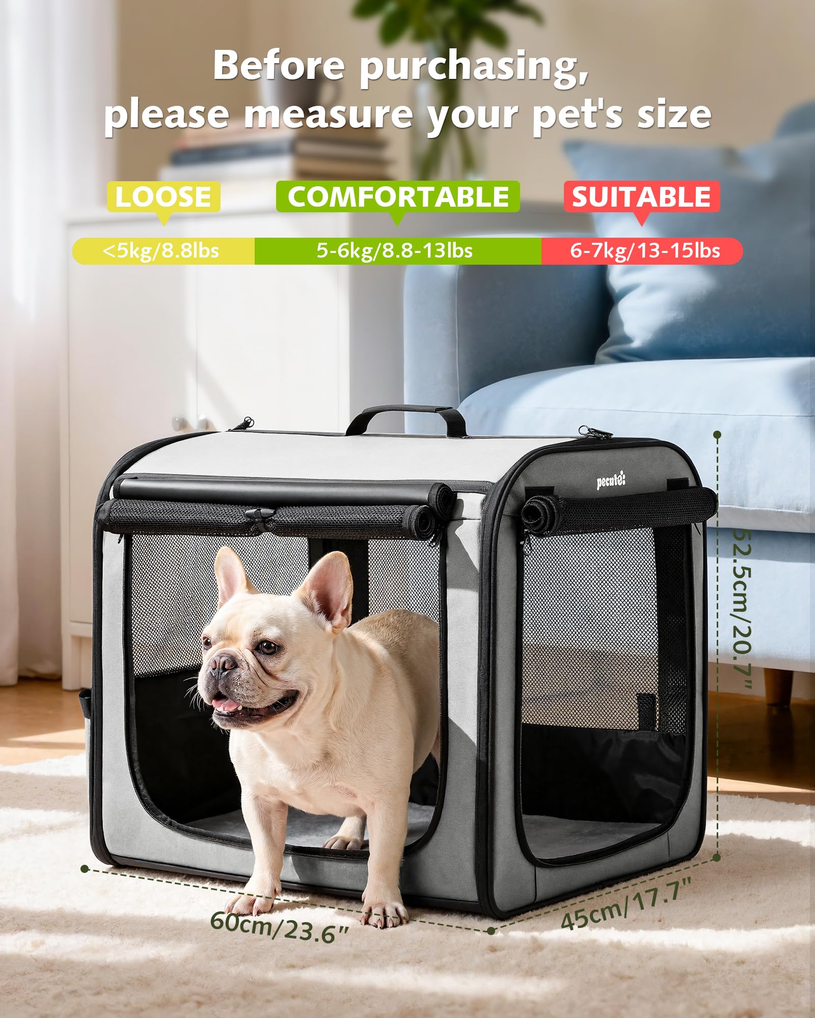 Pecute Trasportino Cani Stabile Leggero, per viaggi e auto, Portatile Con Finestre Traspiranti, Pieghevole Per Animali Domestici, Uso Interno Esterno, 61×45×52 cm, Grigio