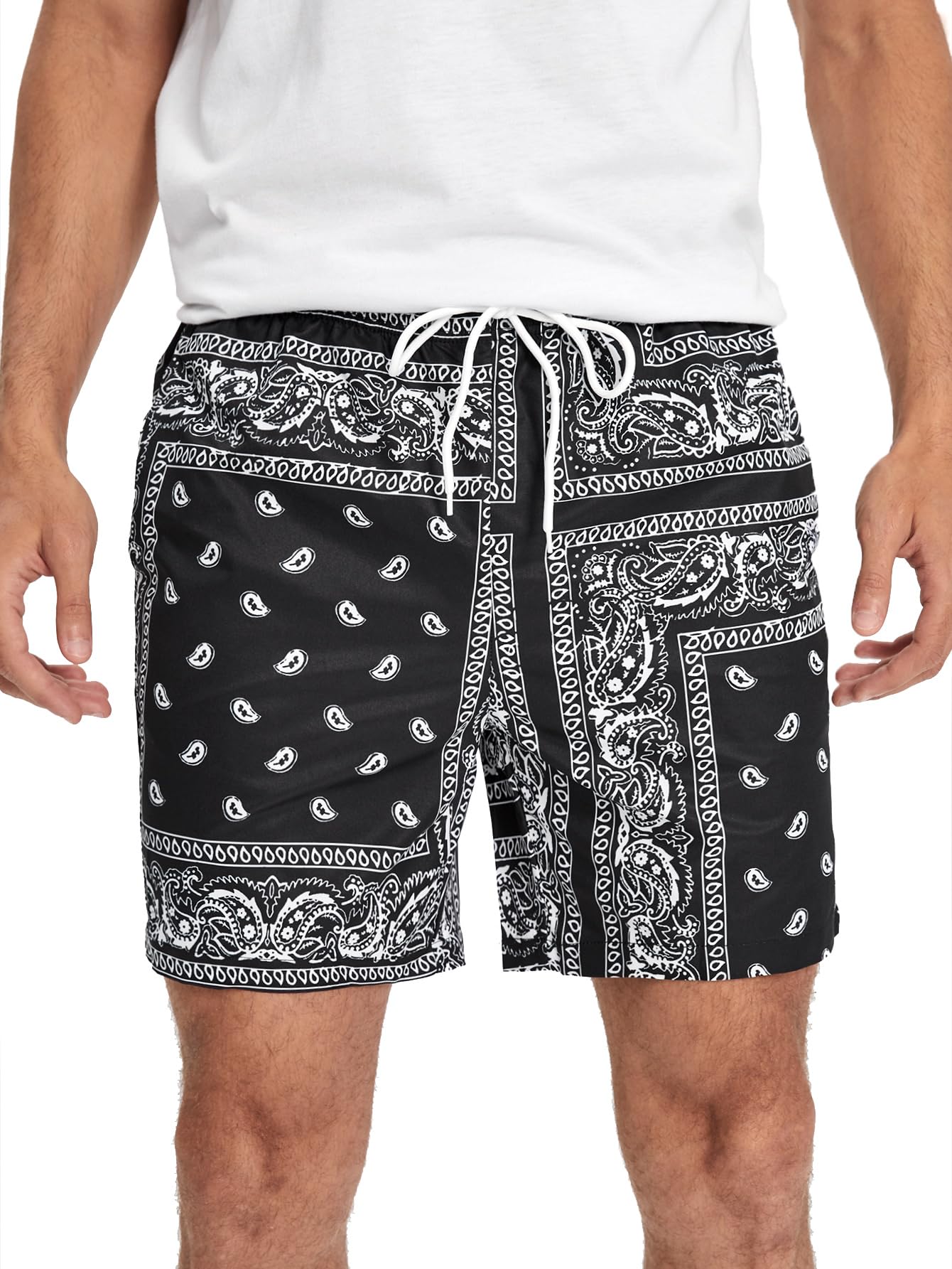 FloernsMen's Boho Paisley Graphic Print Drawstring Waist Essentials Summer Bandana Shorts with Pocket