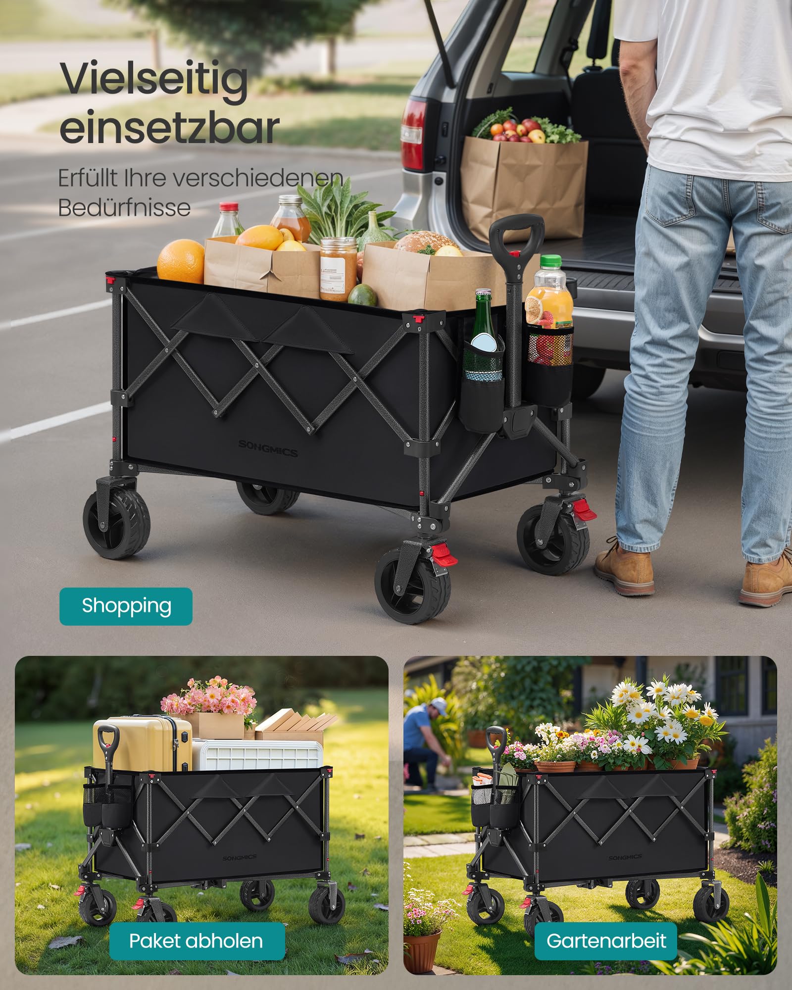 SONGMICS Handwagen faltbar, Bollerwagen, Gartenwagen, Campingwagen mit Griff, 4 abnehmbaren Rollen, platzsparend, Outdoor, Garten, 150 L, bis 150 kg belastbar, tintenschwarz GFW115B01