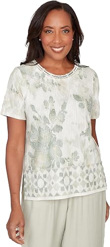 Alfred Dunner Women's Floral Tonal Bordered Short Sleeve Tee, Size S, Celadon