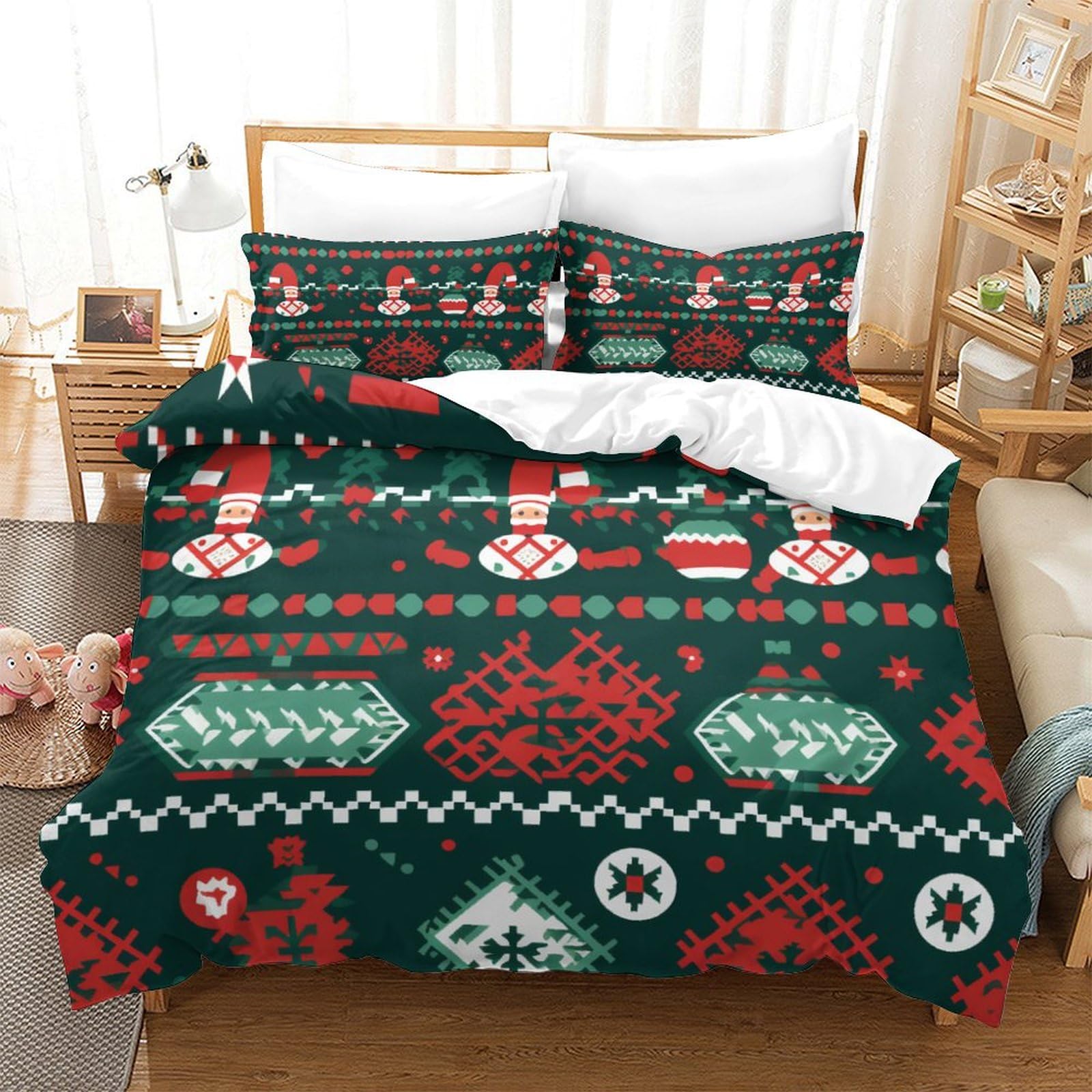 BARDYS Christmas 3D Printed Quilt Cover 3 Pieces Bedding Soft Easy Care with Zipper Closure，Pillowcases for Kids Girls Boys Adults Bedroom Super King（260x220cm）
