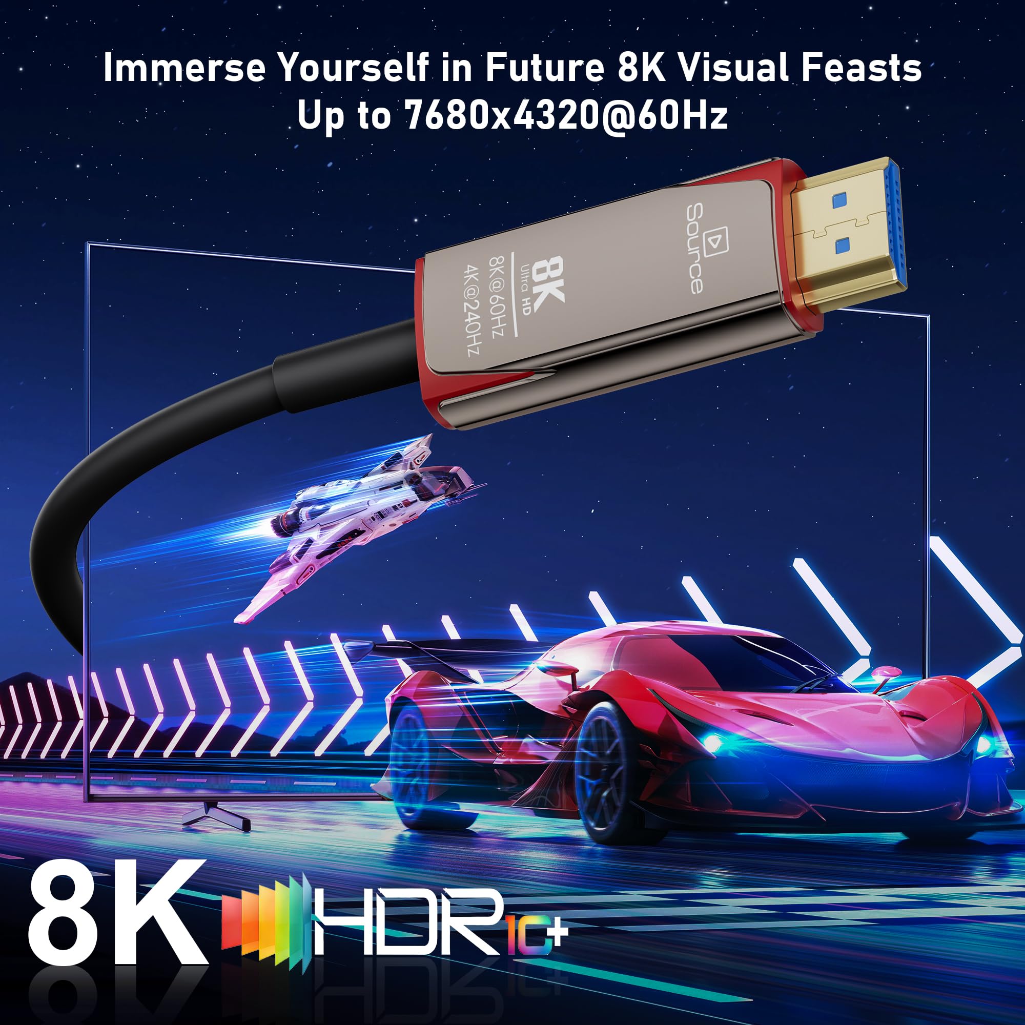 Cavo HDMI 2.1 in fibra ottica 8K, 6,1 m, cavo HDMI in fibra ad alta velocità 48 Gbps, lungo cavo HDMI attivo, 48 Gbps, 8K a 60 Hz 4K a 120 Hz, HDR dinamico, eARC, HDCP 2.2 e 2.3, 3D, per PC, monitor