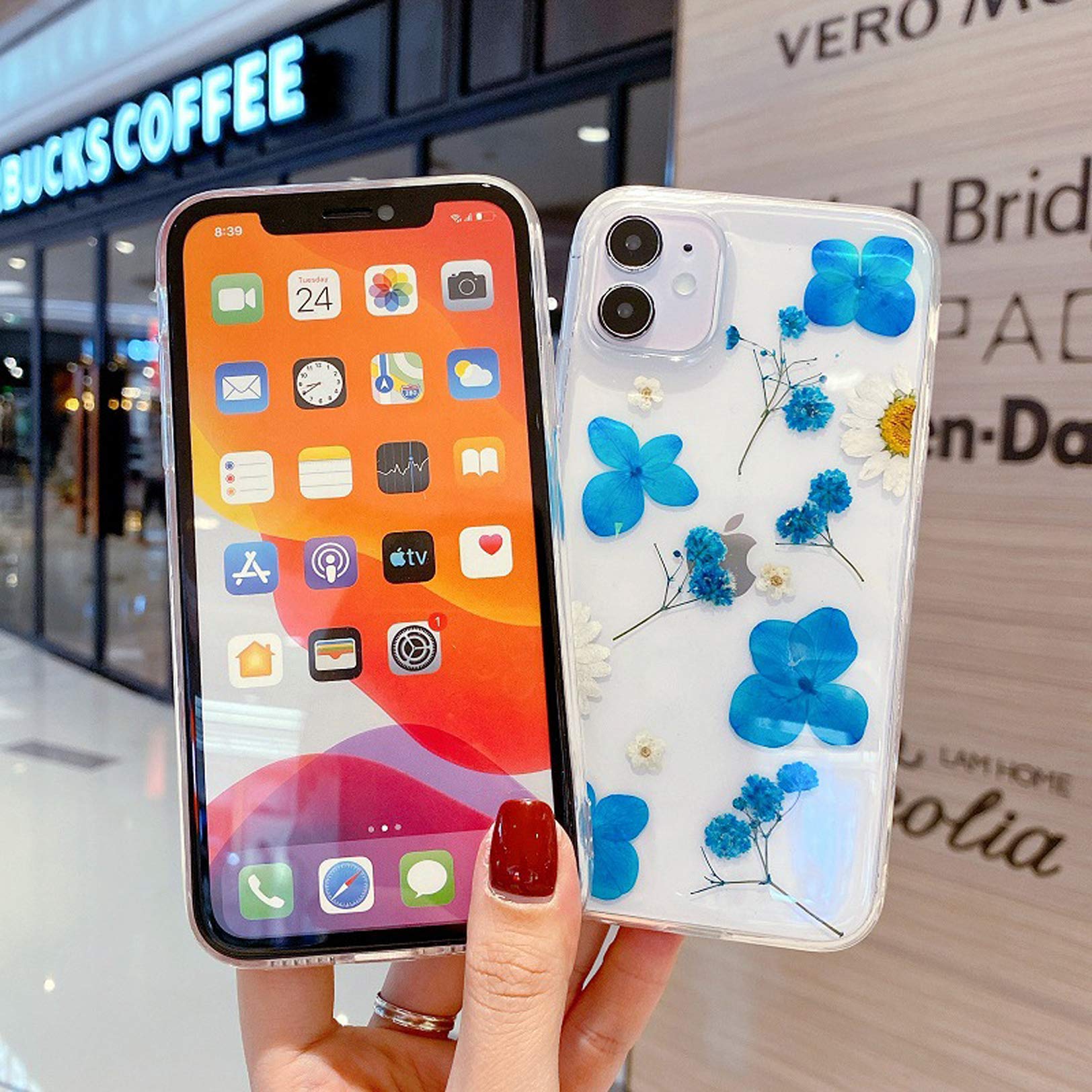 Tybiky Custodia per iPhone 12 Mini, in morbido silicone con fiori secchi fatti a mano, trasparente, ultra sottile, per iPhone 12 Mini, un fiore lilla