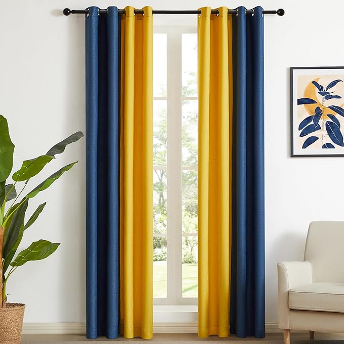 PRIMROSE Navy Blue Yellow Linen Curtains 108 inch Long for