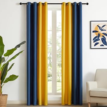 PRIMROSE Navy Blue Yellow Linen Curtains 84 inch Long for Living Room Set of 2 Panels Blackout Thermal Insulated Room Darkening Ombre Curtains Window Drapes for Bedroom Grommet