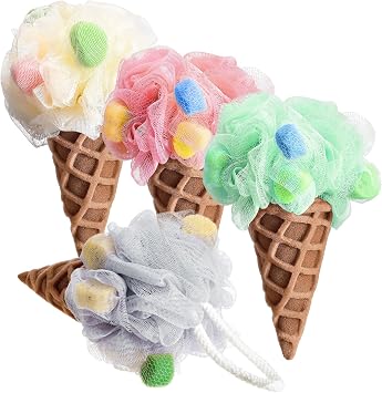 Geiserailie 4 Pieces Kids Loofah Ice Cream Cone Bath Sponge Kids Bath Shower Sponge Body Scrubber Exfoliating Loofah for Spa Shower