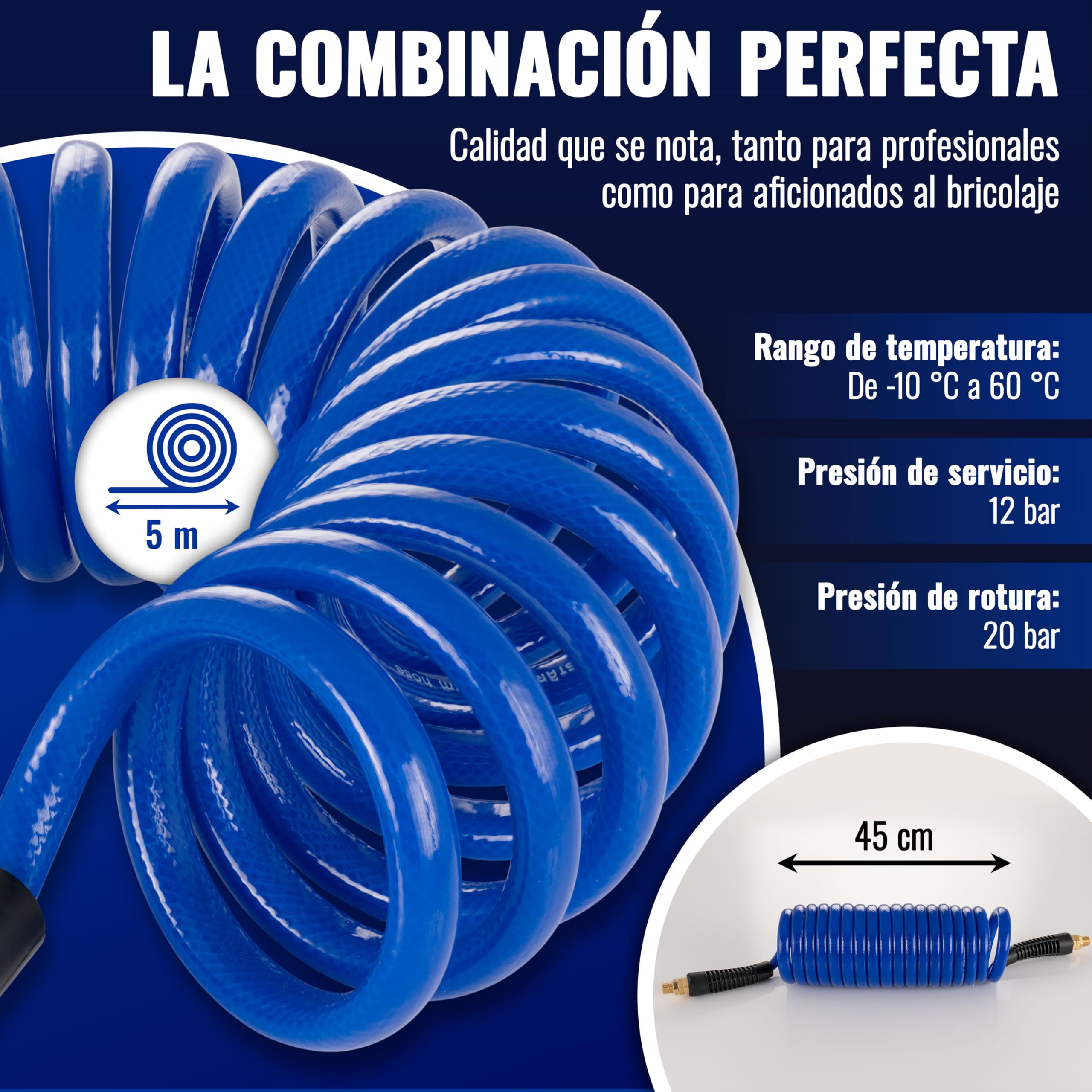 Poppstar Manguera en espiral de aire comprimido 5 m con Ø 8 mm x 12 mm, protección contra dobleces, racor giratorio G 1/4" rosca exterior