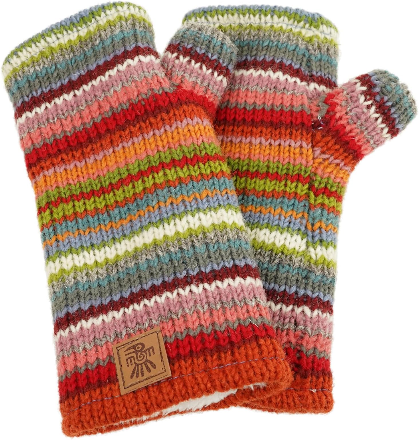 Women Wool Hand Warmers Sherpa Fleece Lined Handknitted Multicoloured Stripe One-Size Handmade Extra Warm Fair Trade, Multicoloured, M
