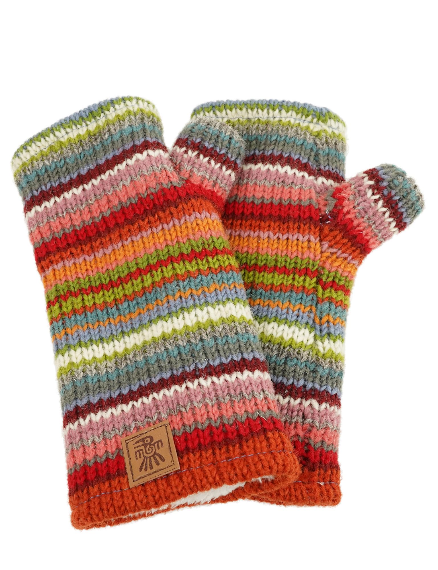 Women Wool Hand Warmers Sherpa Fleece Lined Handknitted Multicoloured Stripe One-Size Handmade Extra Warm Fair Trade, Multicoloured, M