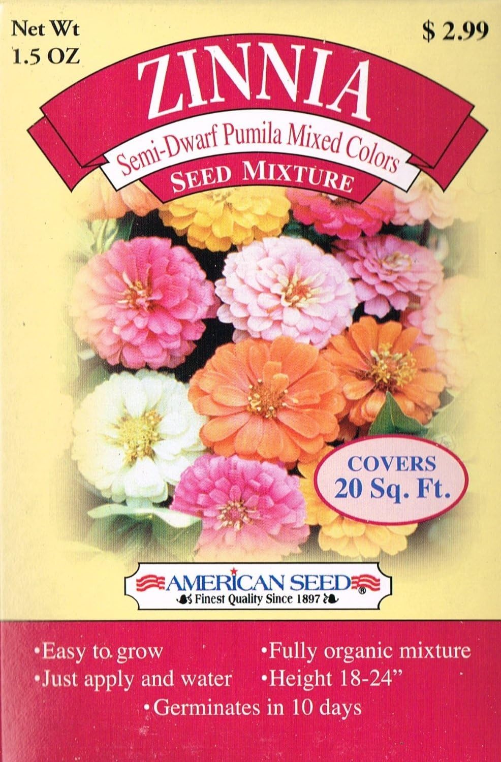 American Seed AS20ZIN Zinnia Seed Mixture, Semi-Dwarf Pumila Mixed Color, 20 Square Foot Shaker Box (1.5 Ounce)